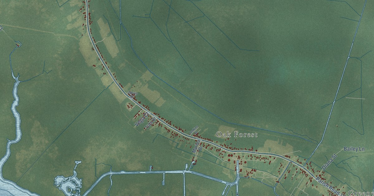 Close-up of streets and buildings in Gibson, Louisiana