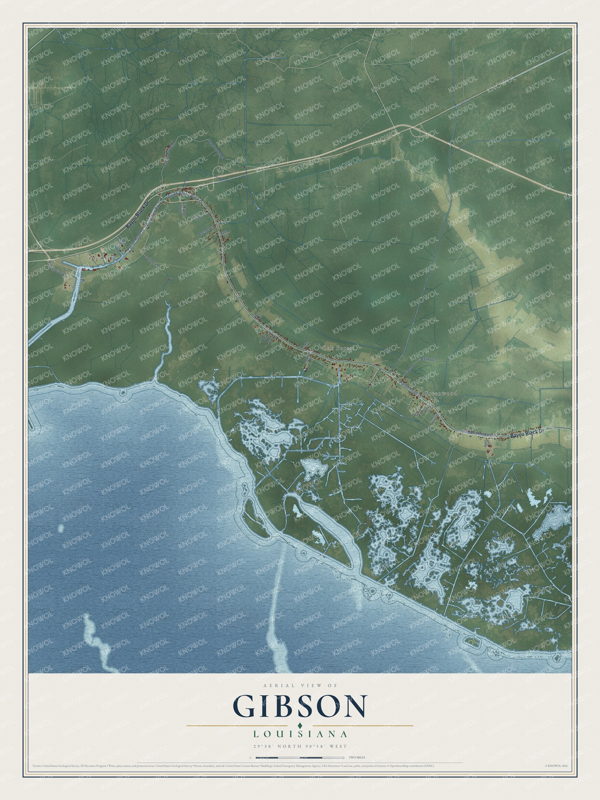 Full map of Gibson, Louisiana, with red buildings, printed street names and the land around them
