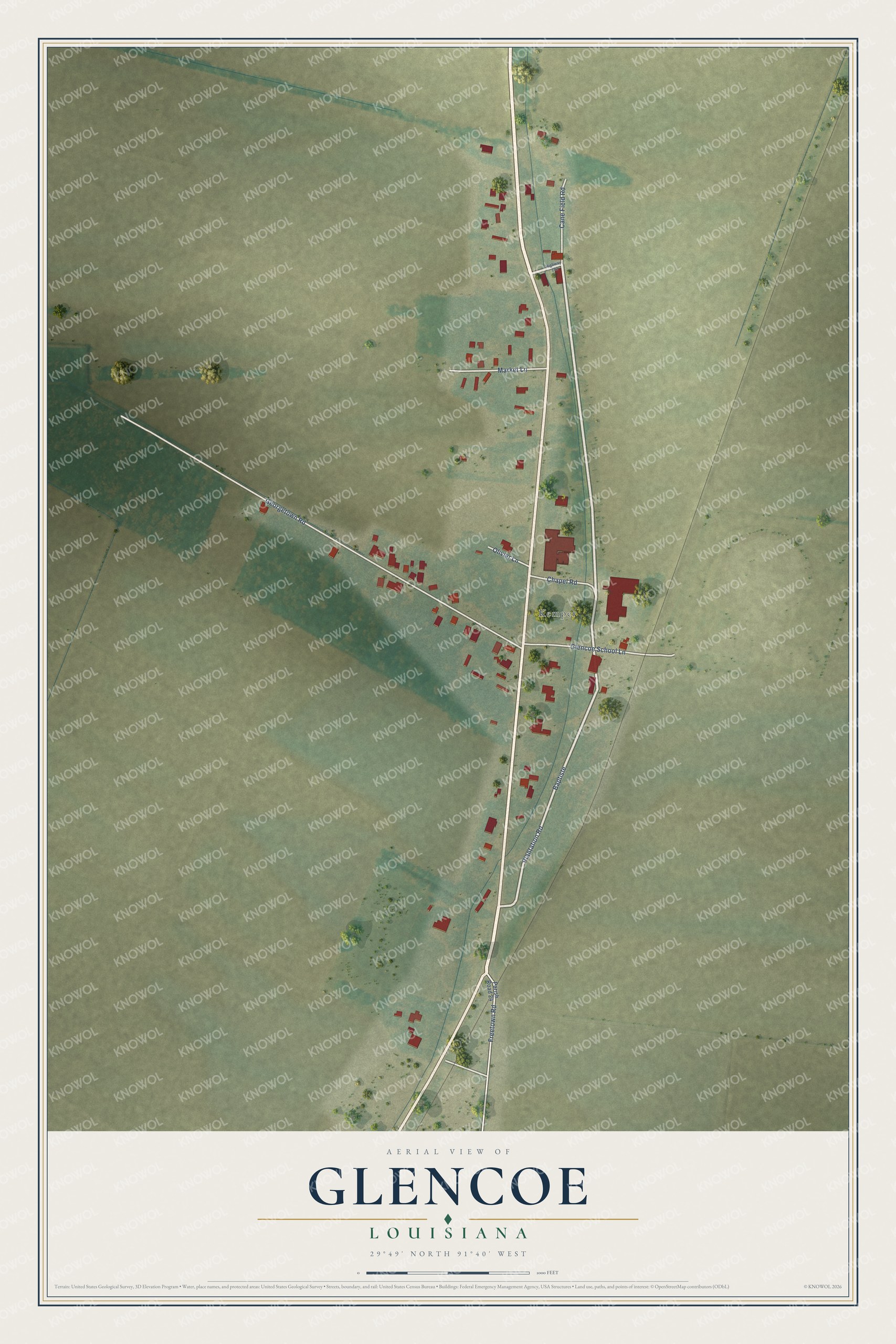 Full map of Glencoe, Louisiana, with red buildings, printed street names and the land around them