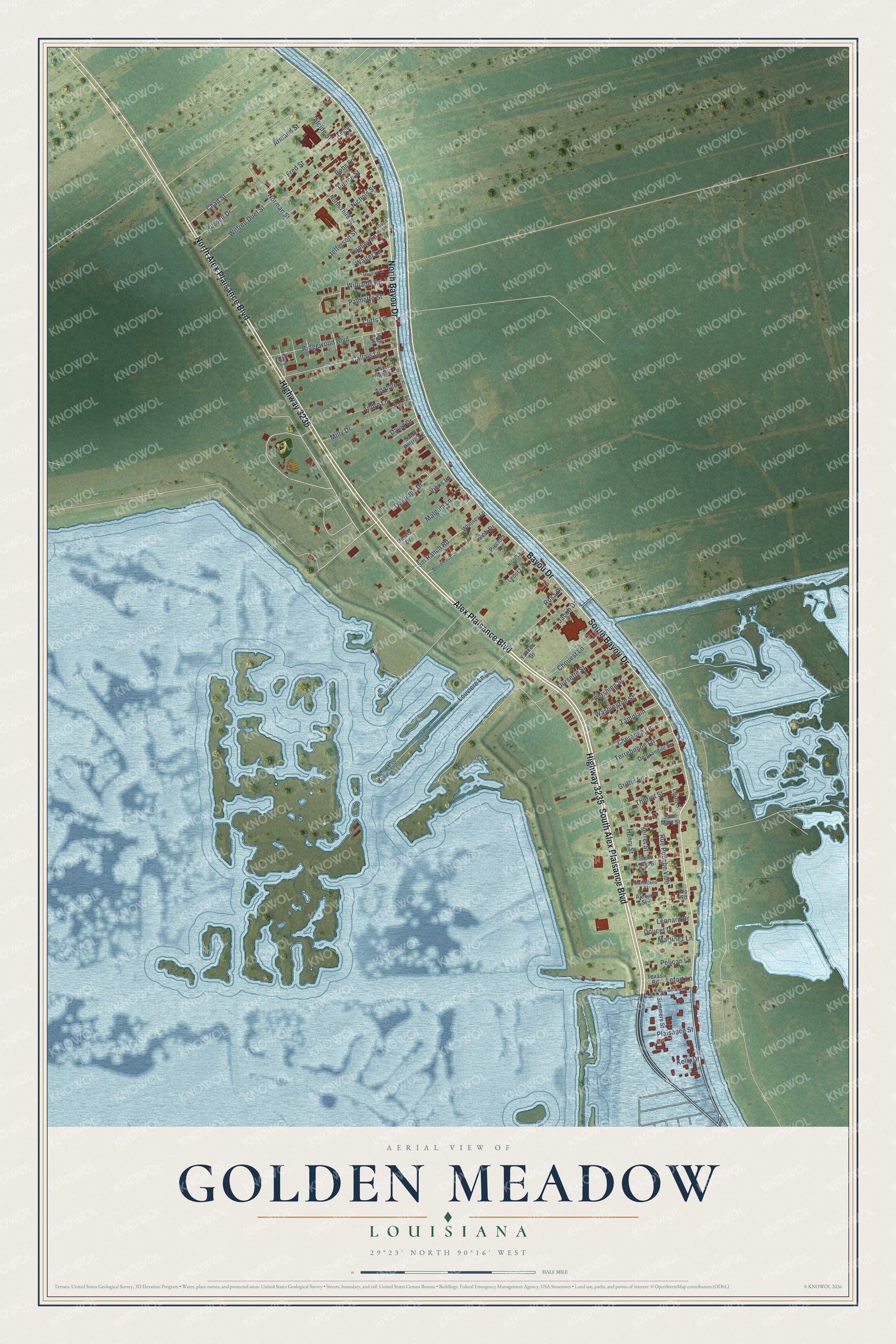 Watermarked full-map preview of Golden Meadow, Louisiana