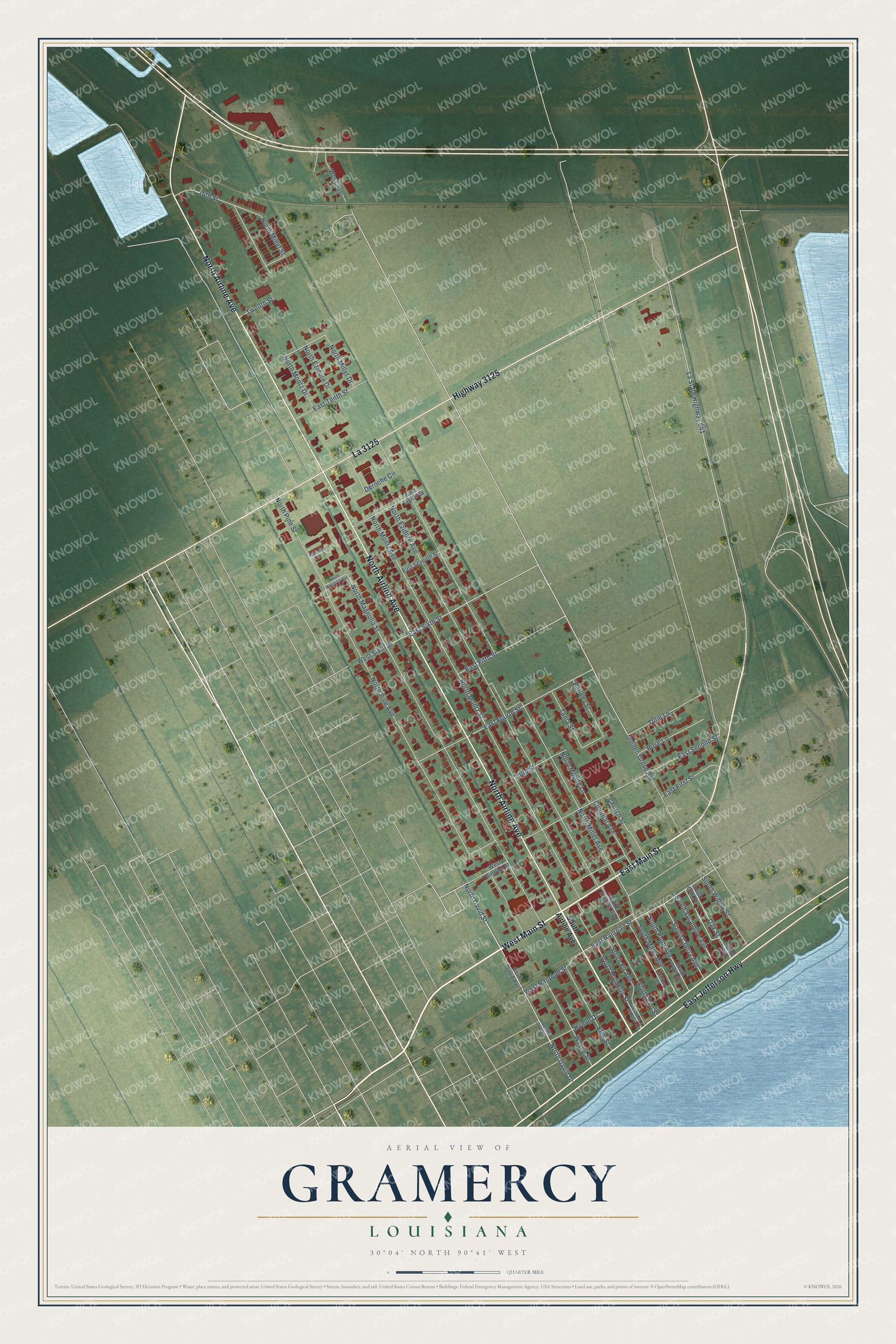 Full map of Gramercy, Louisiana, with red buildings, printed street names and the land around them