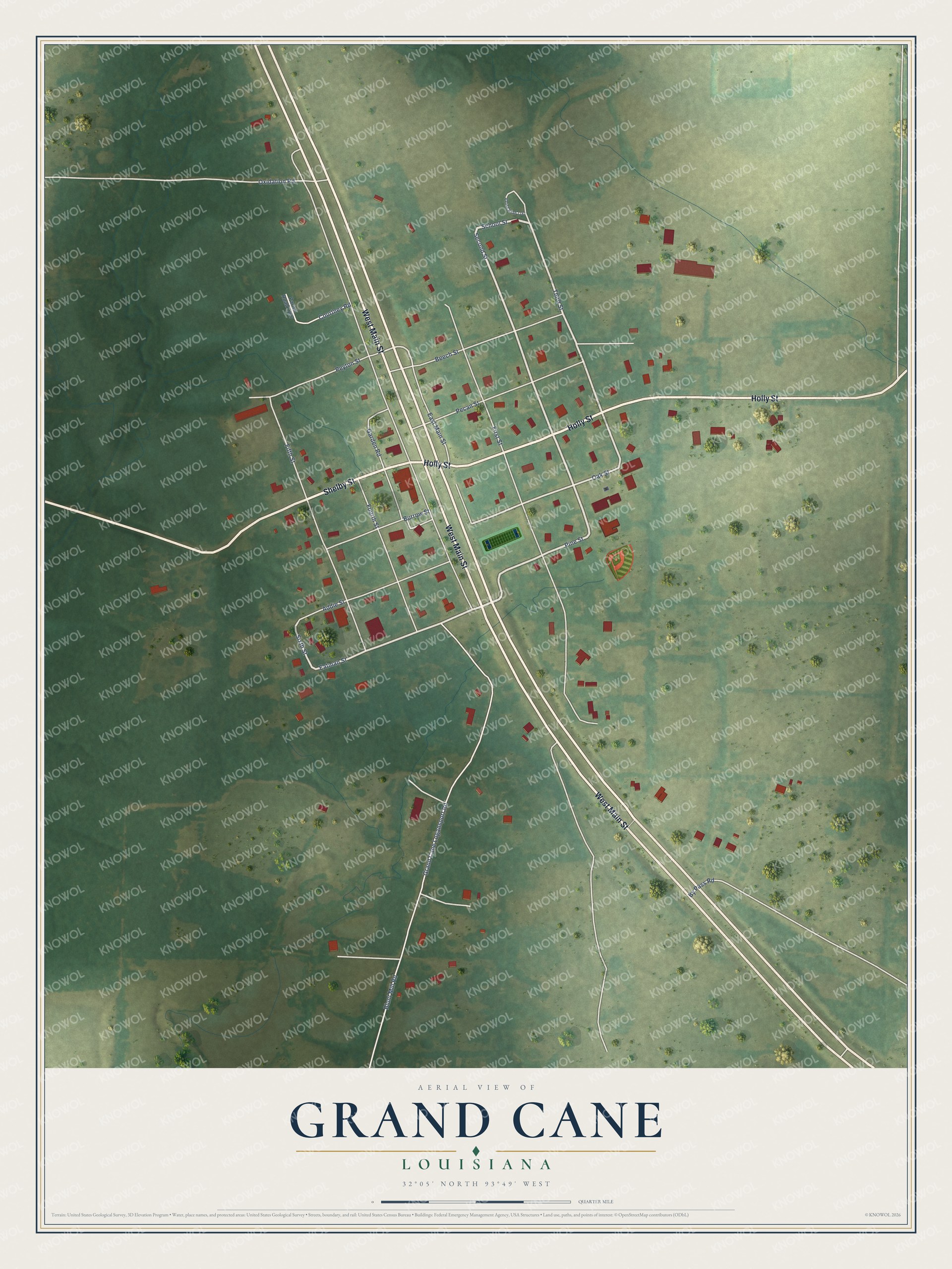 Full map of Grand Cane, Louisiana, with red buildings, printed street names and the land around them