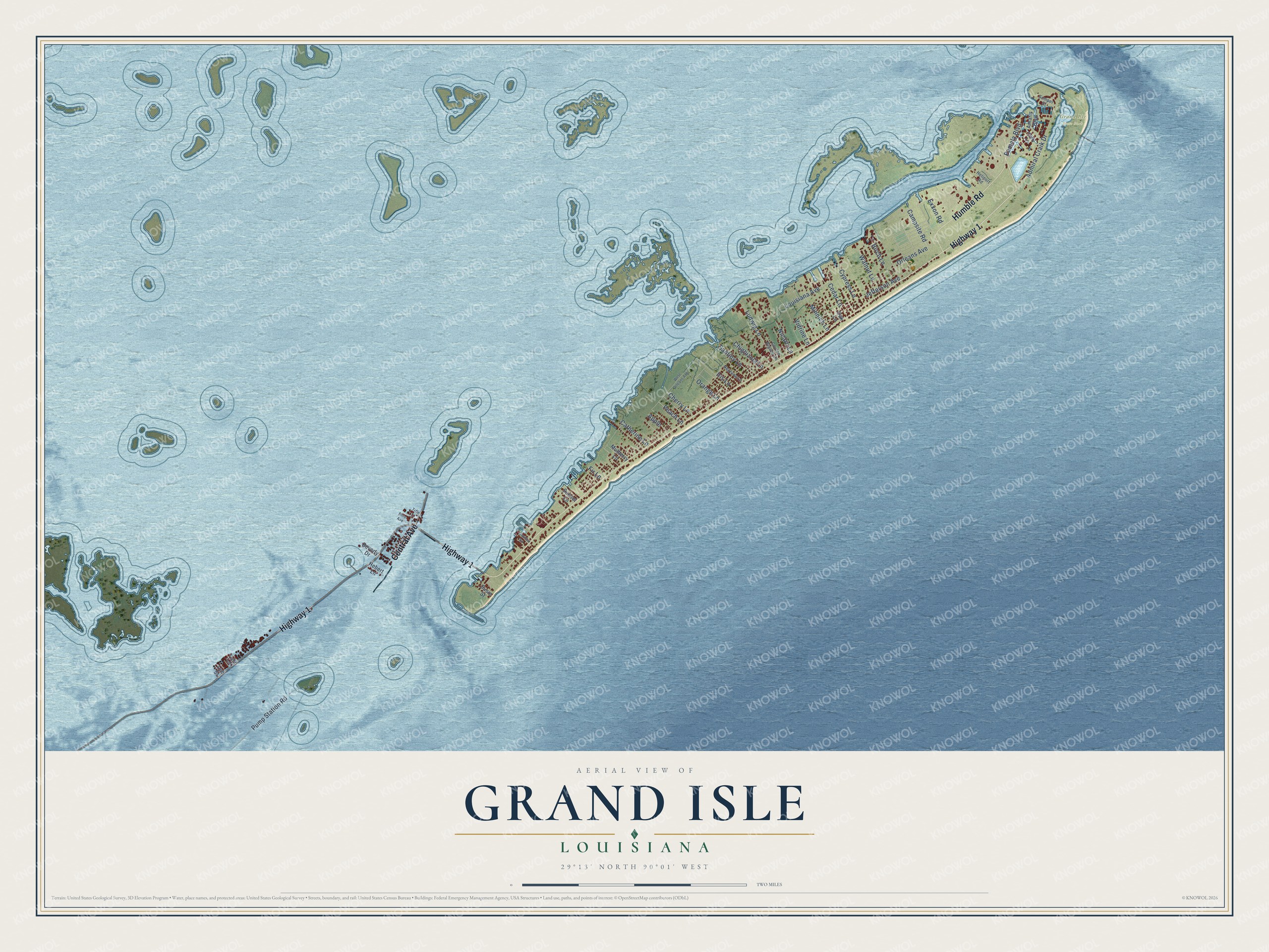 Full map of Grand Isle, Louisiana, with red buildings, printed street names and the land around them