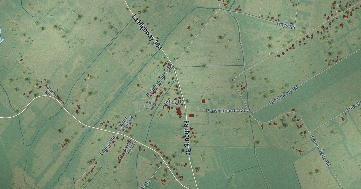 Close-up of streets and buildings in Grand Prairie, Louisiana