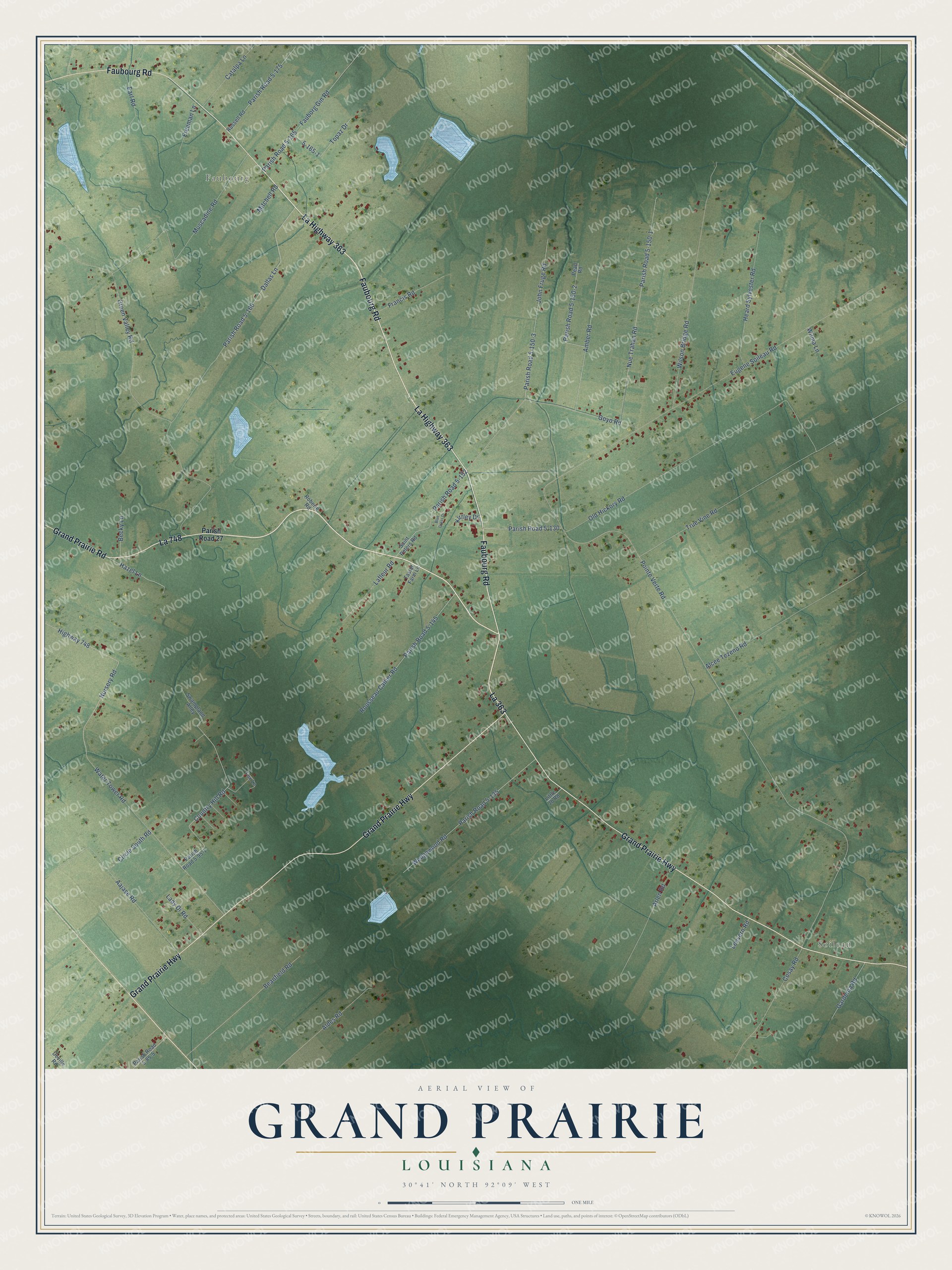 Full map of Grand Prairie, Louisiana, with red buildings, printed street names and the land around them