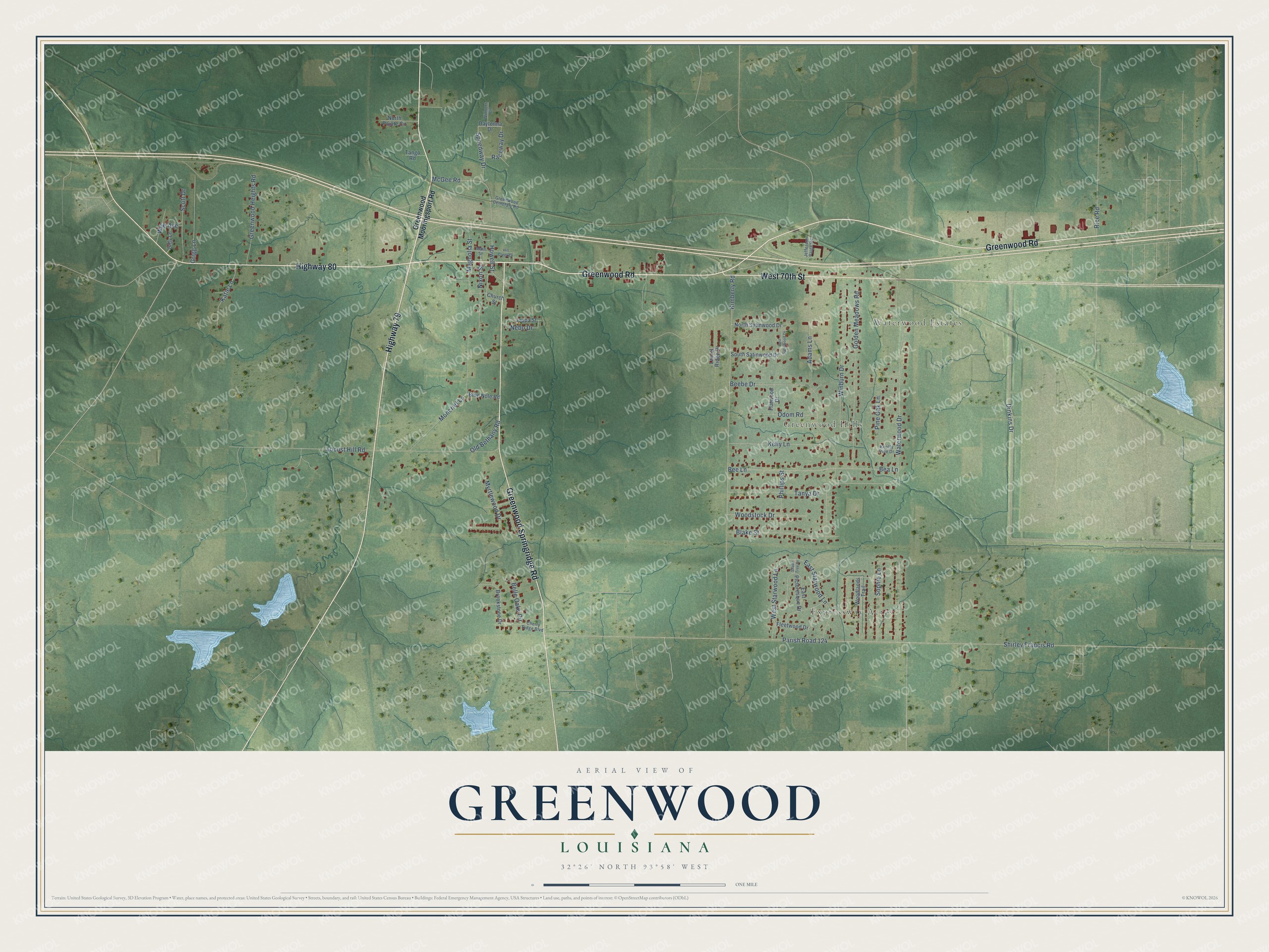 Full map of Greenwood, Louisiana, with red buildings, printed street names and the land around them