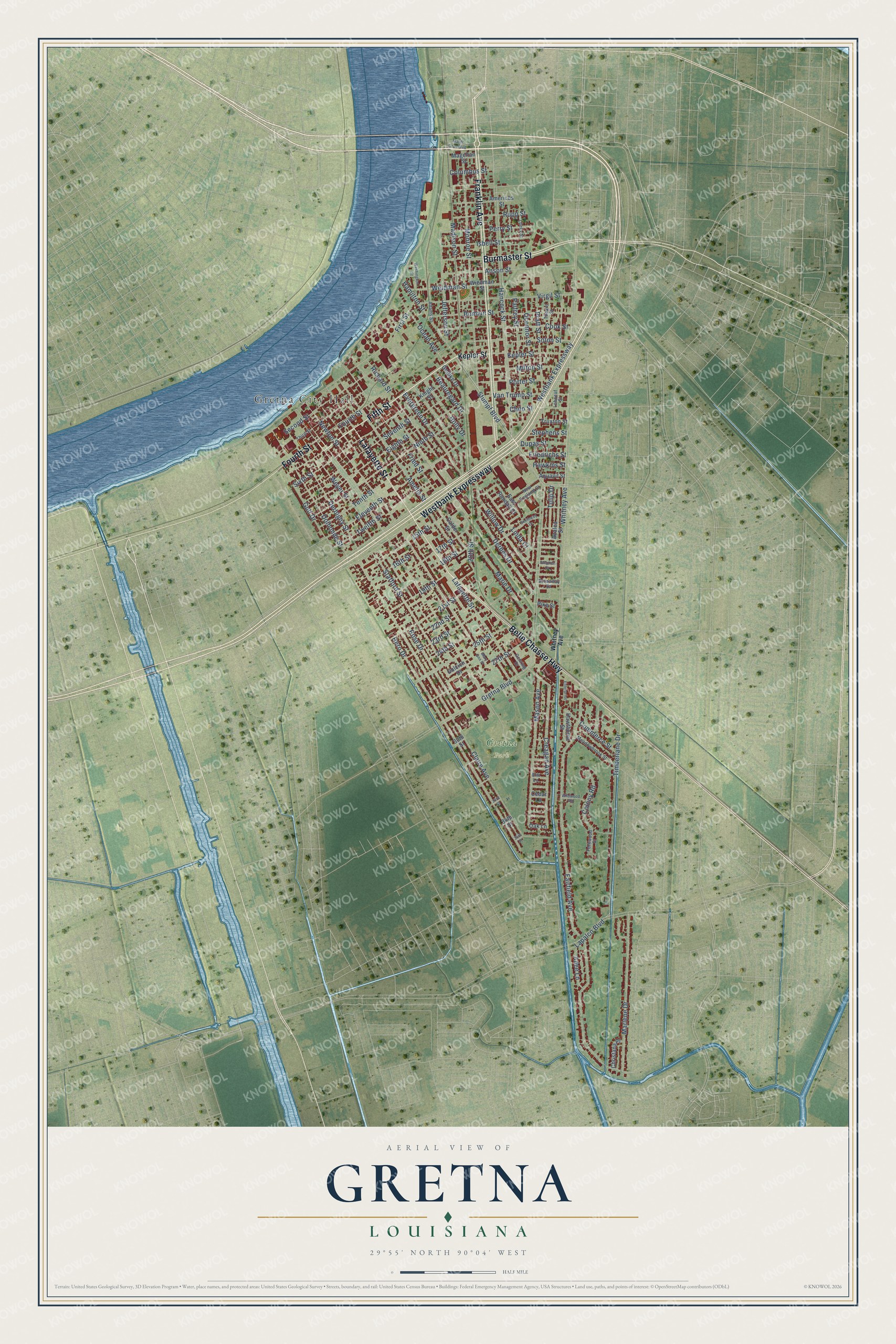 Full map of Gretna, Louisiana, with red buildings, printed street names and the land around them