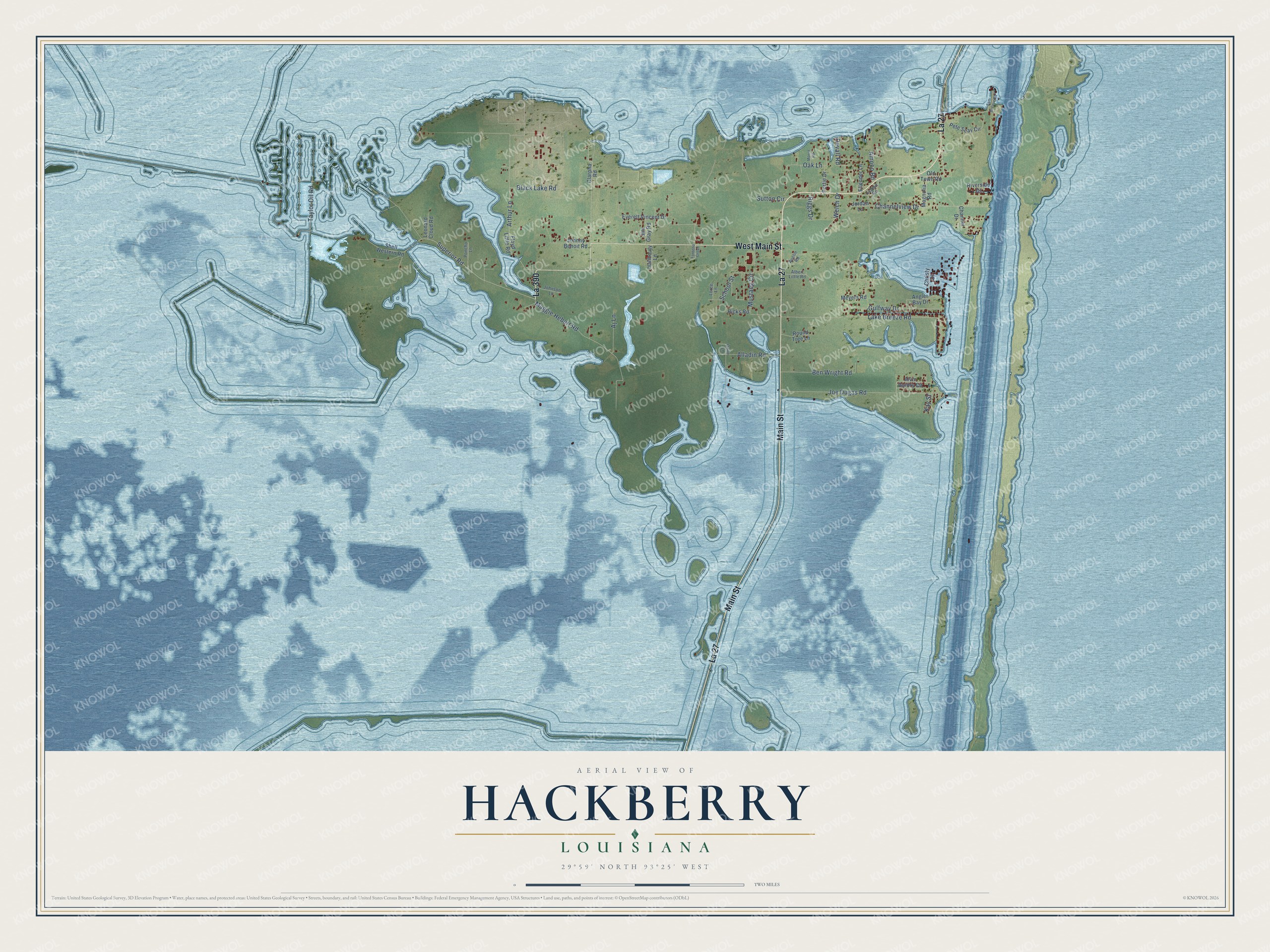 Full map of Hackberry, Louisiana, with red buildings, printed street names and the land around them