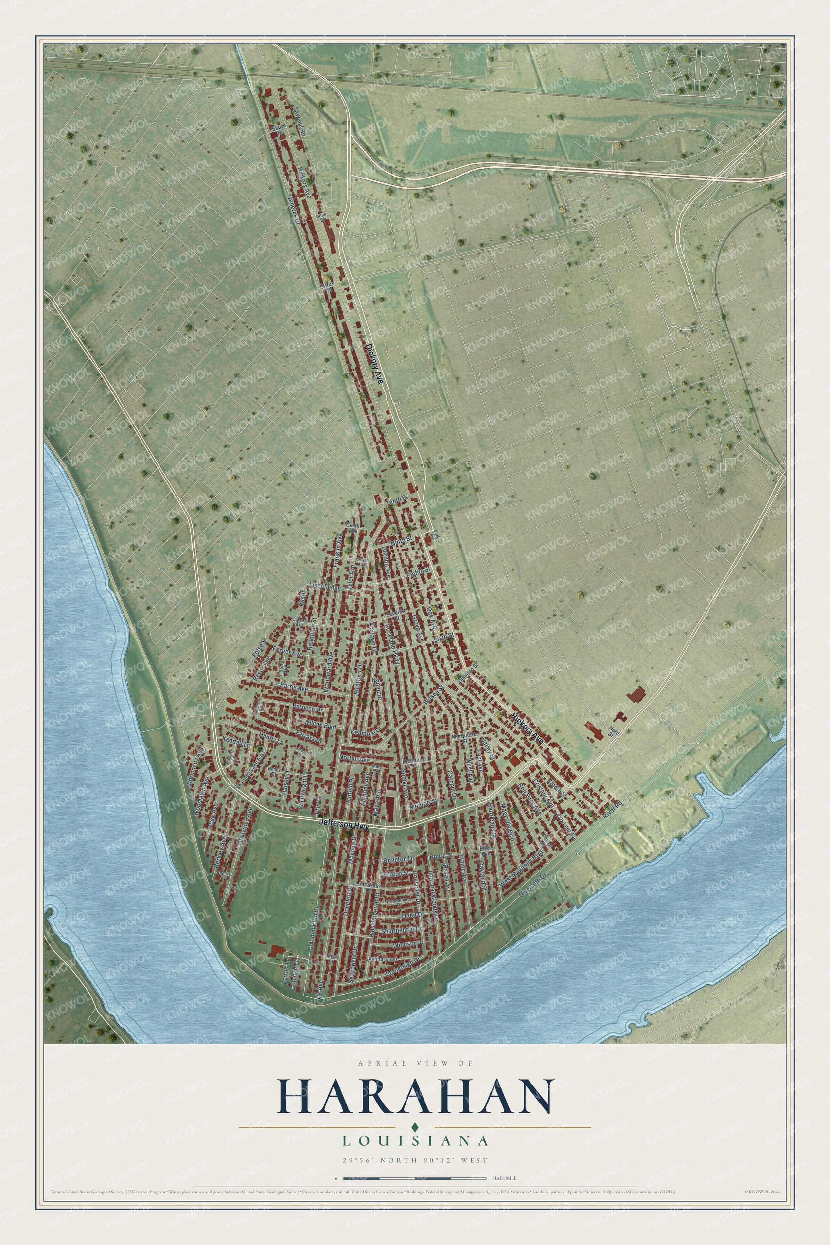 Full map of Harahan, Louisiana, with red buildings, printed street names and the land around them