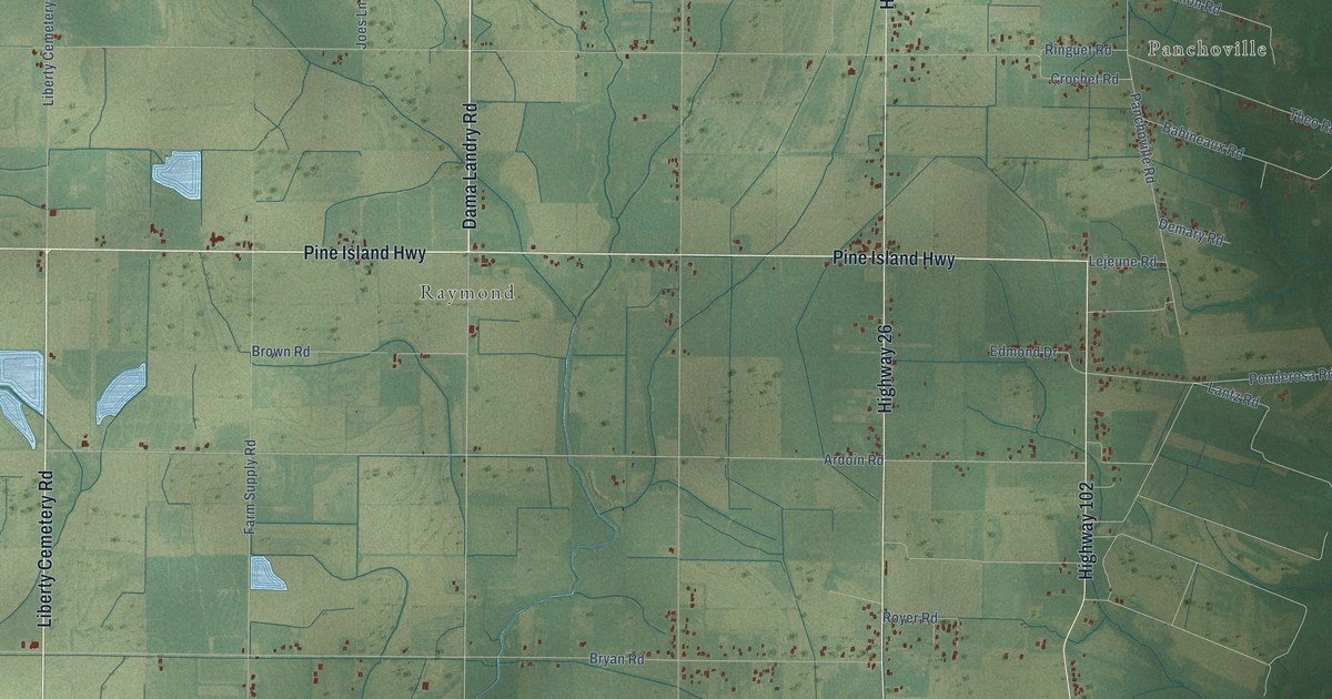 Close-up of streets and buildings in Hathaway, Louisiana
