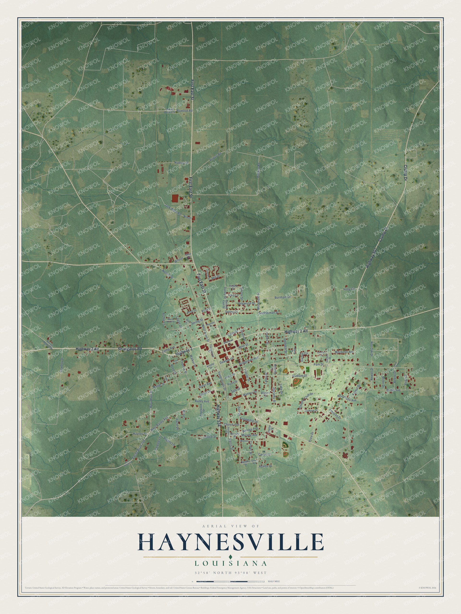 Full map of Haynesville, Louisiana, with red buildings, printed street names and the land around them