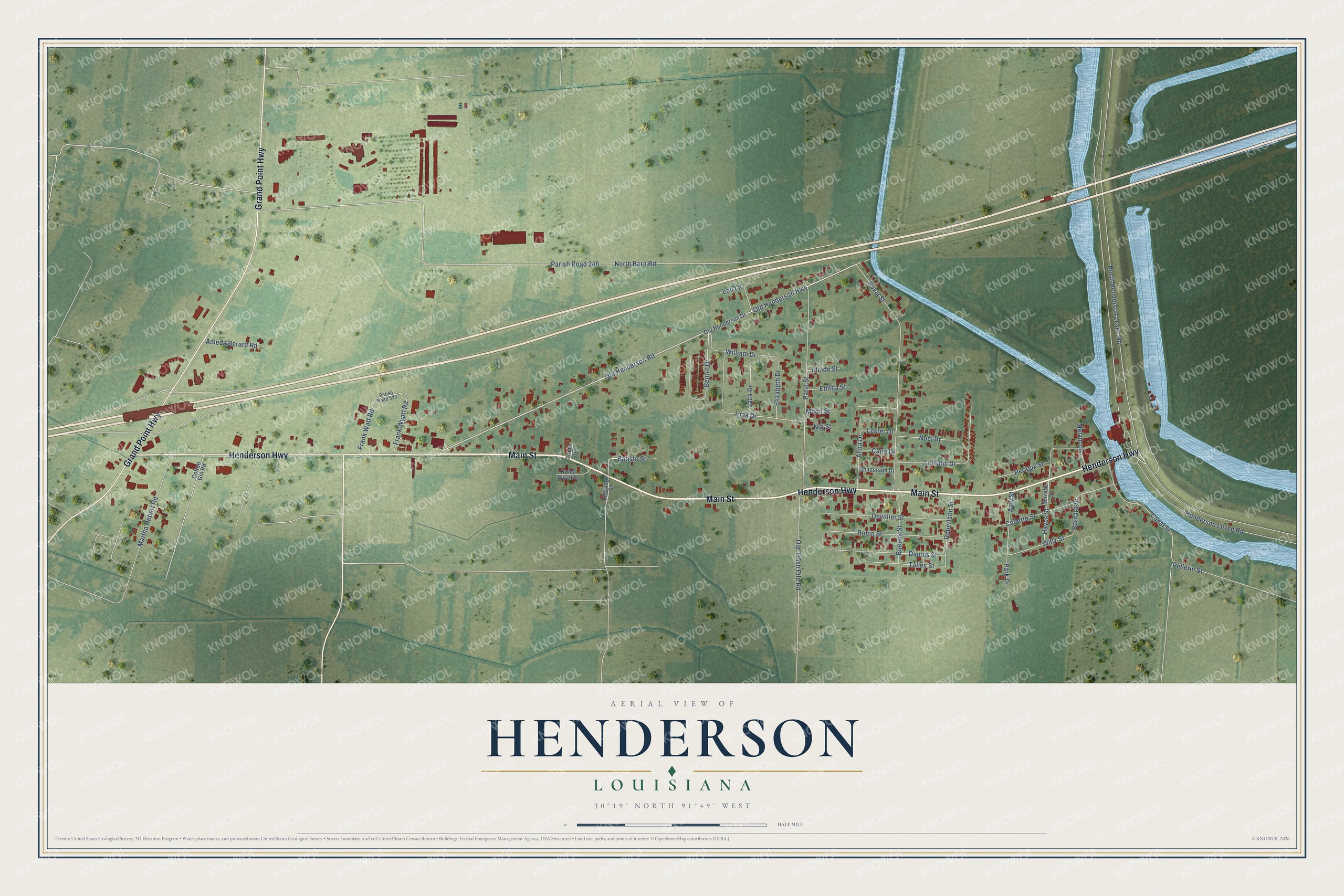 Full map of Henderson, Louisiana, with red buildings, printed street names and the land around them