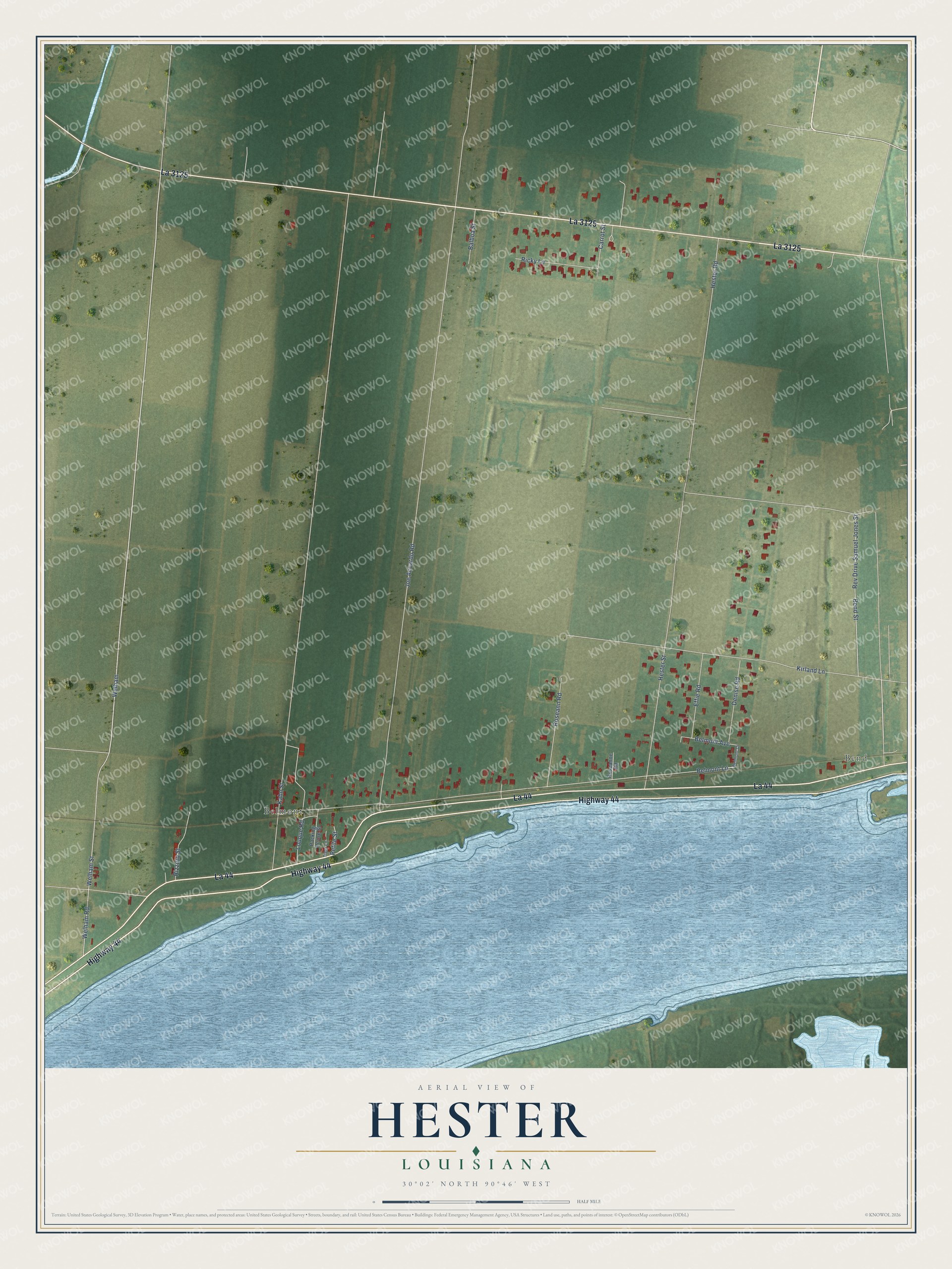 Full map of Hester, Louisiana, with red buildings, printed street names and the land around them