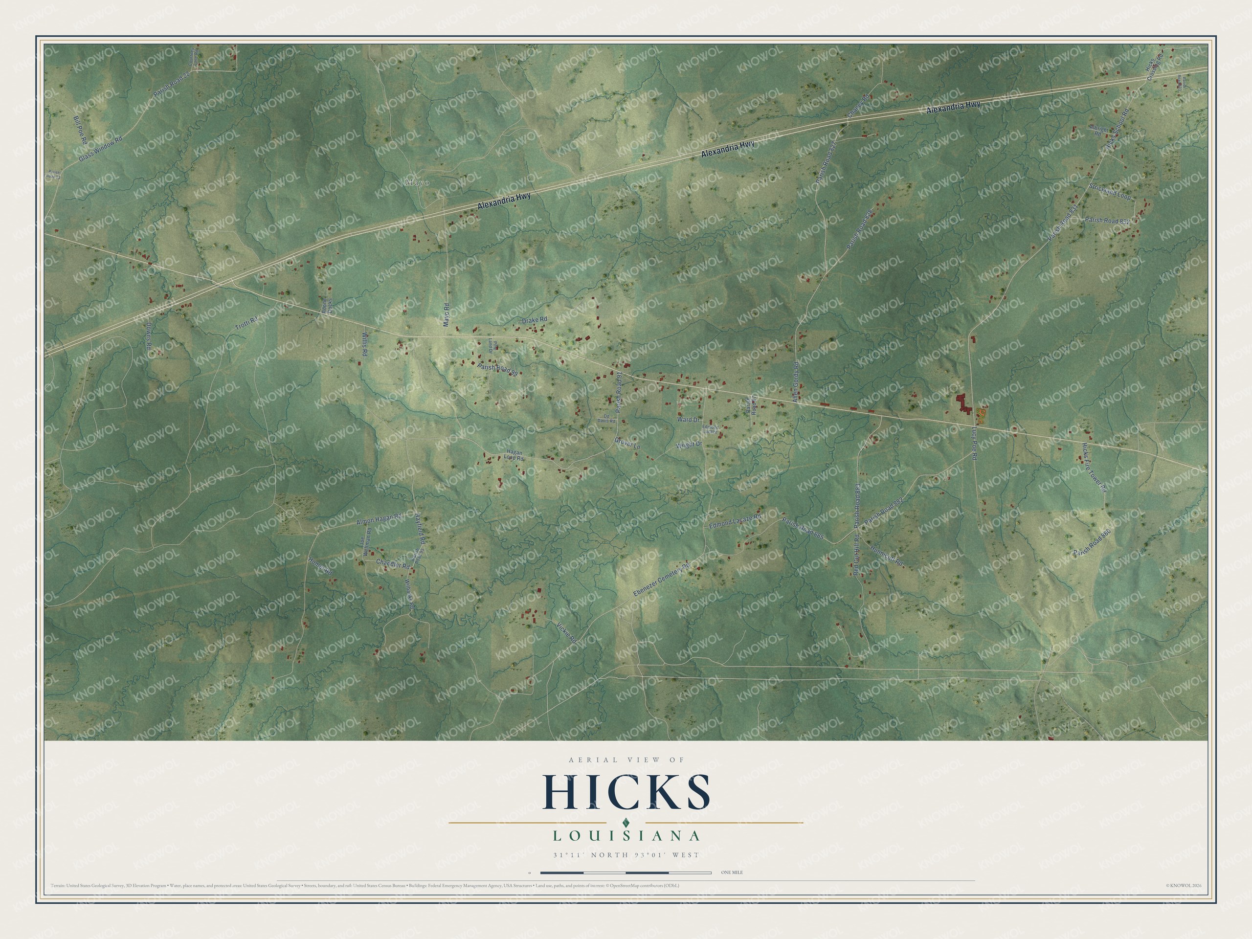 Full map of Hicks, Louisiana, with red buildings, printed street names and the land around them