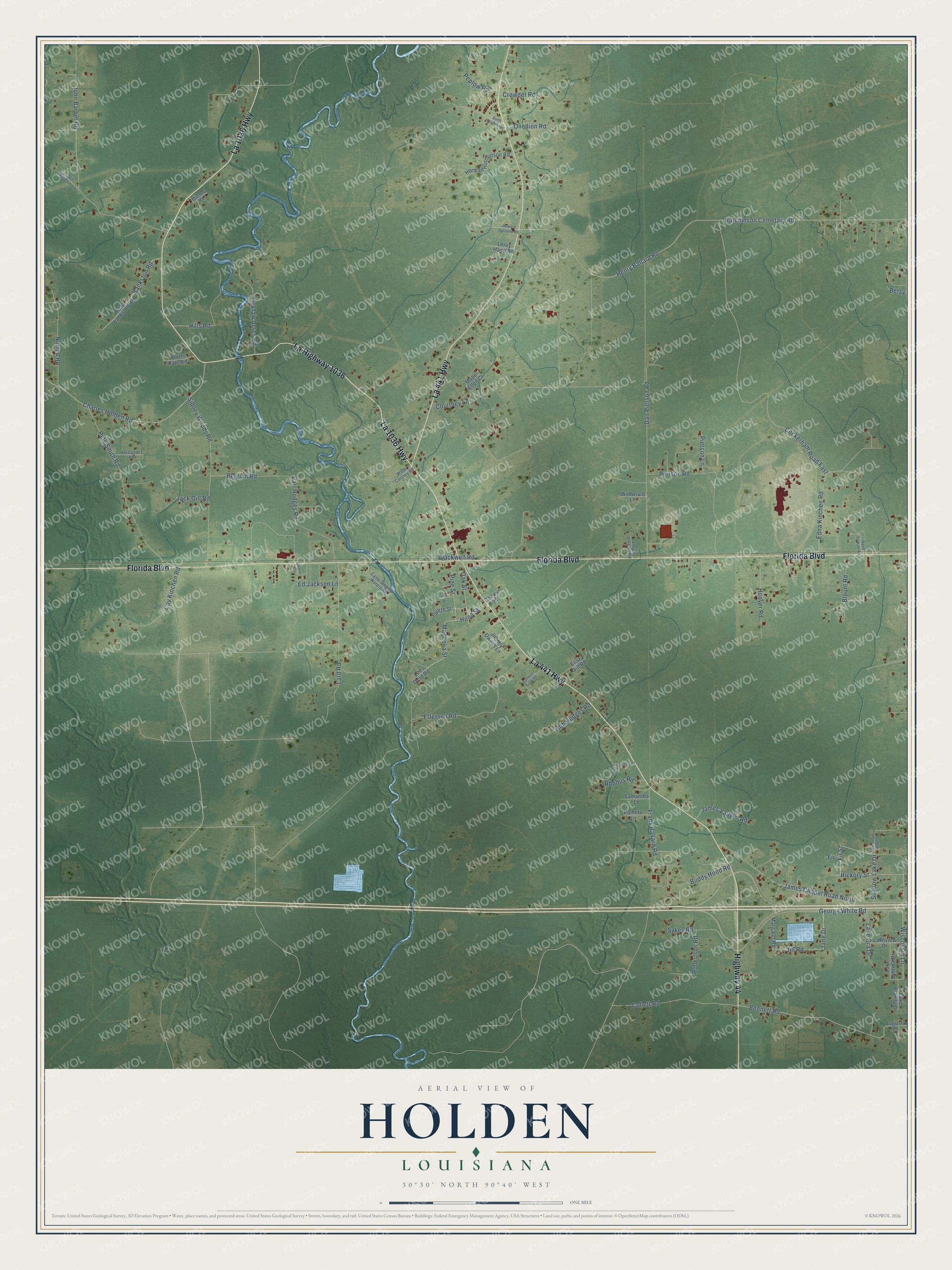 Full map of Holden, Louisiana, with red buildings, printed street names and the land around them