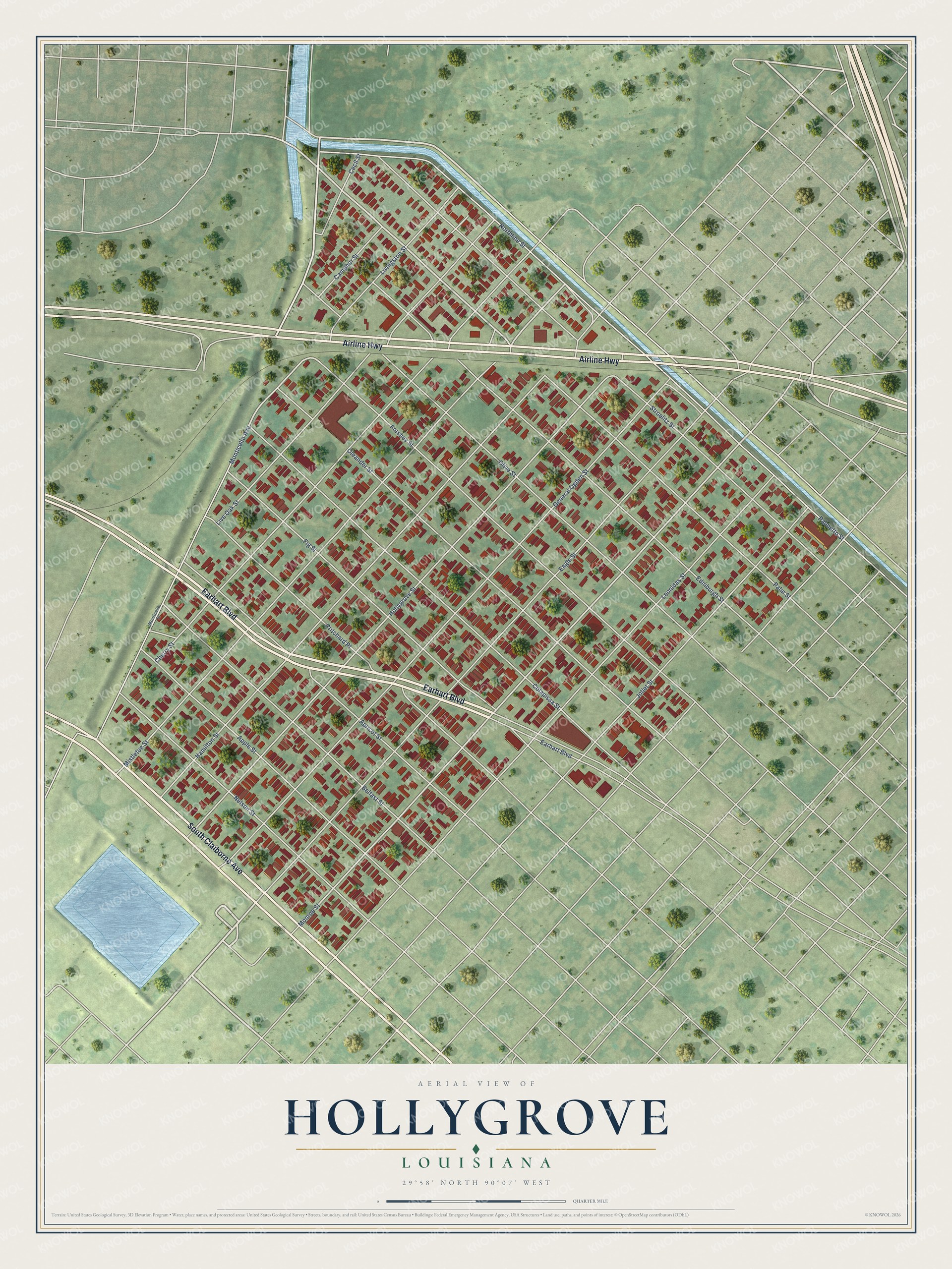Full map of Hollygrove, Louisiana, with red buildings, printed street names and the land around them
