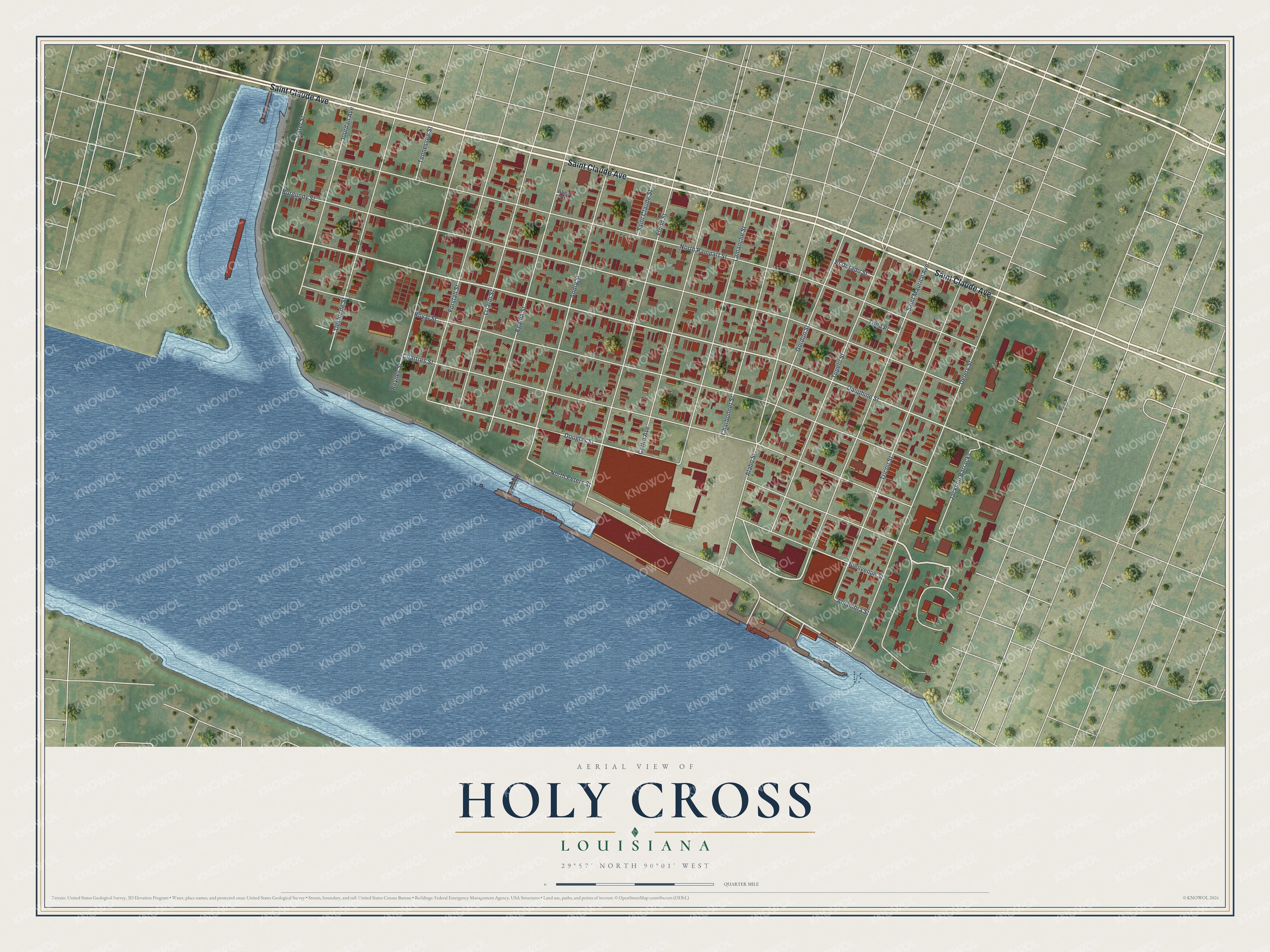 Full map of Holy Cross, Louisiana, with red buildings, printed street names and the land around them