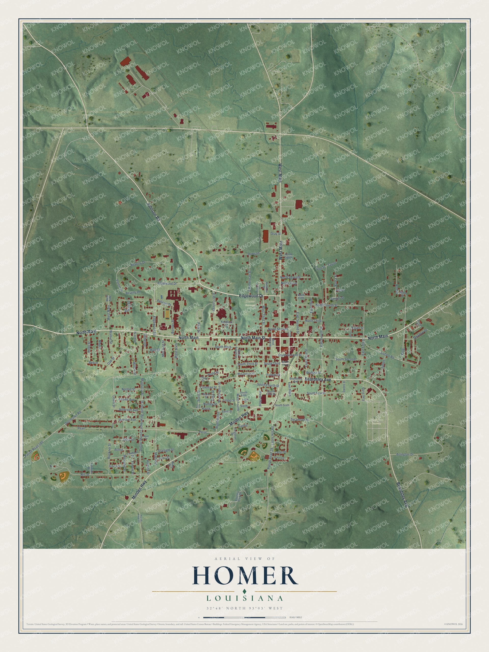 Full map of Homer, Louisiana, with red buildings, printed street names and the land around them
