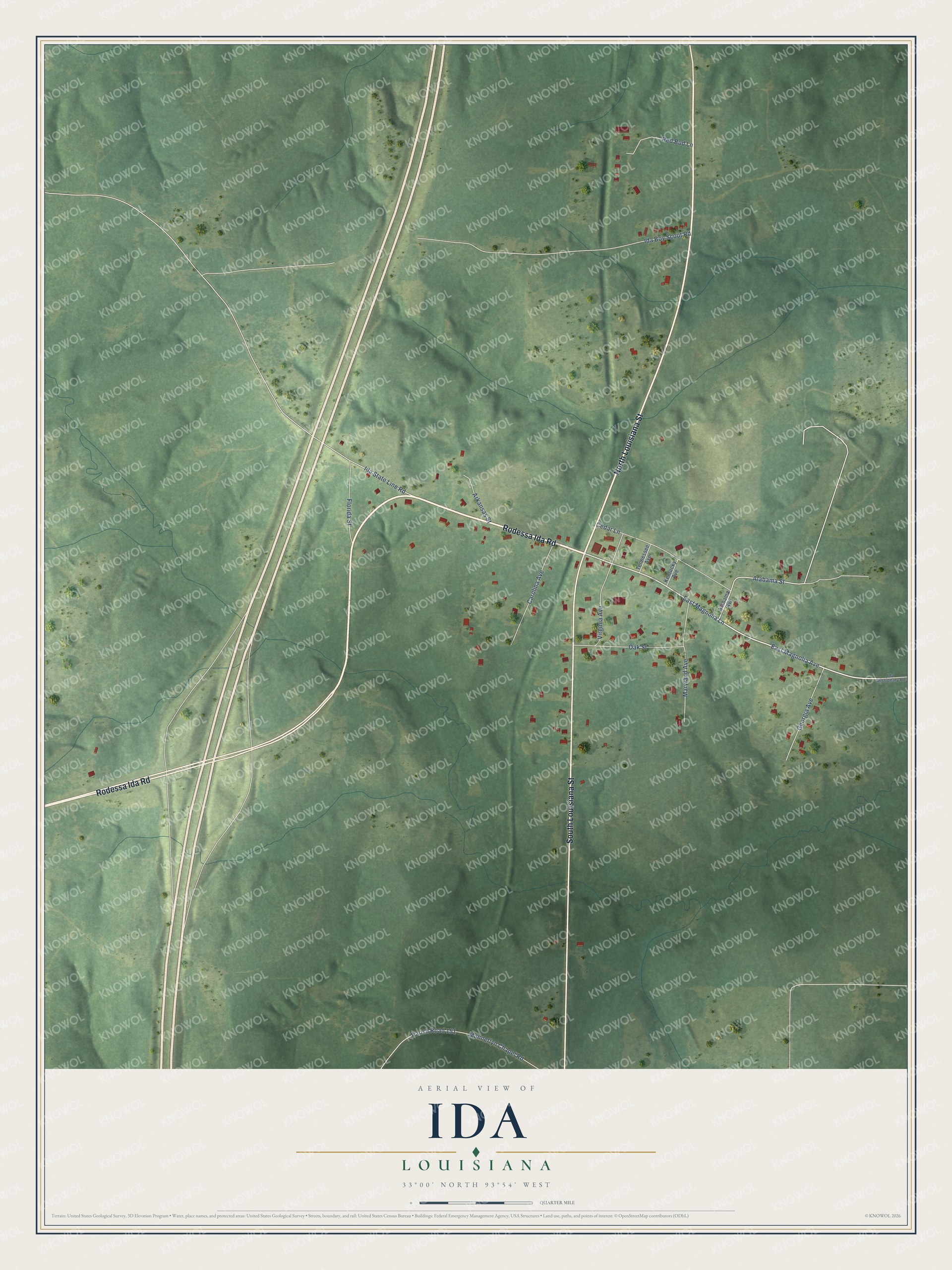 Full map of Ida, Louisiana, with red buildings, printed street names and the land around them