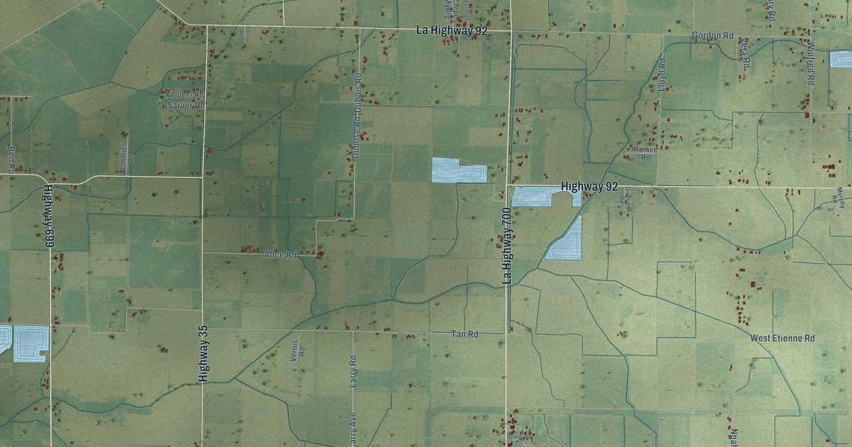 Close-up of streets and buildings in Indian Bayou, Louisiana
