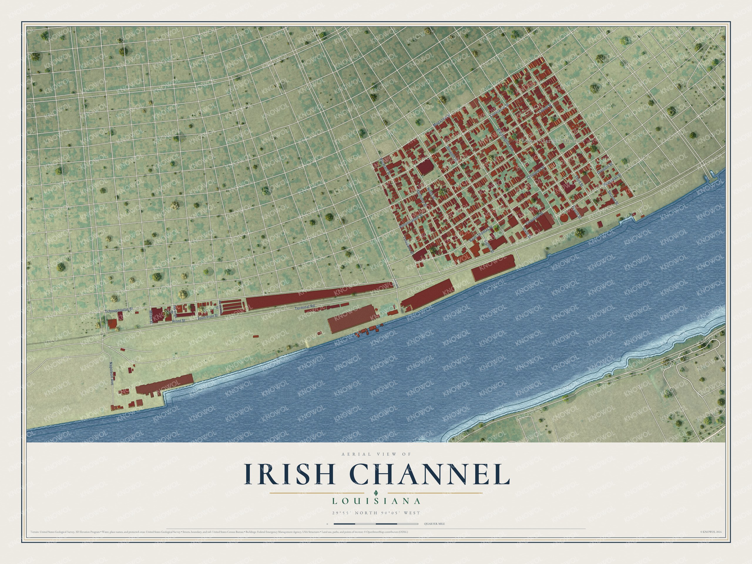 Full map of Irish Channel, Louisiana, with red buildings, printed street names and the land around them