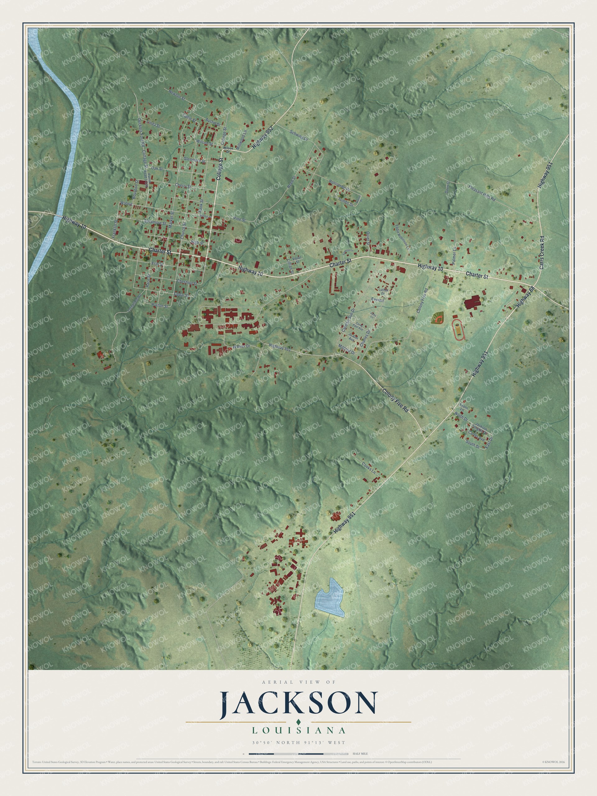 Full map of Jackson, Louisiana, with red buildings, printed street names and the land around them