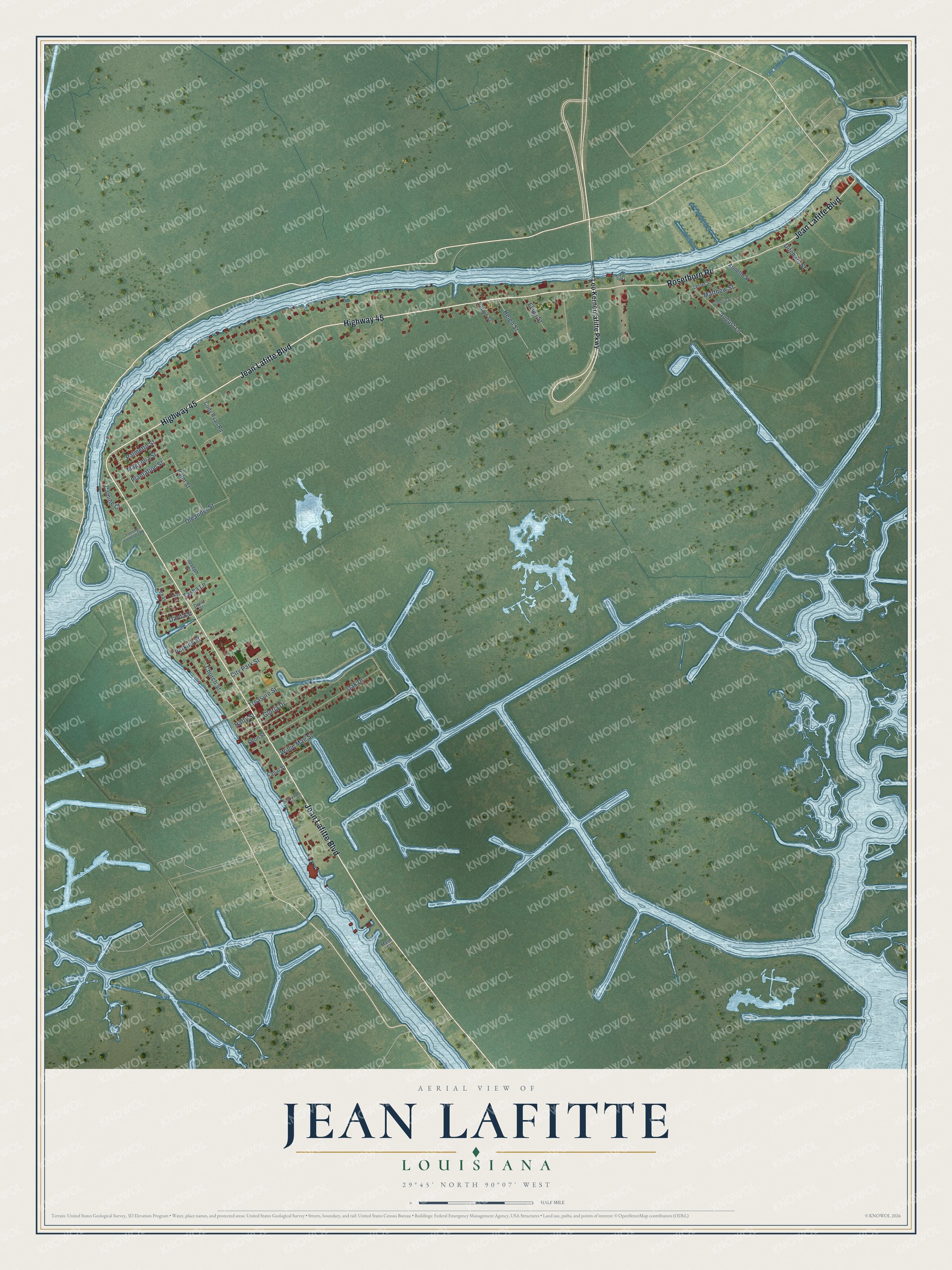 Full map of Jean Lafitte, Louisiana, with red buildings, printed street names and the land around them
