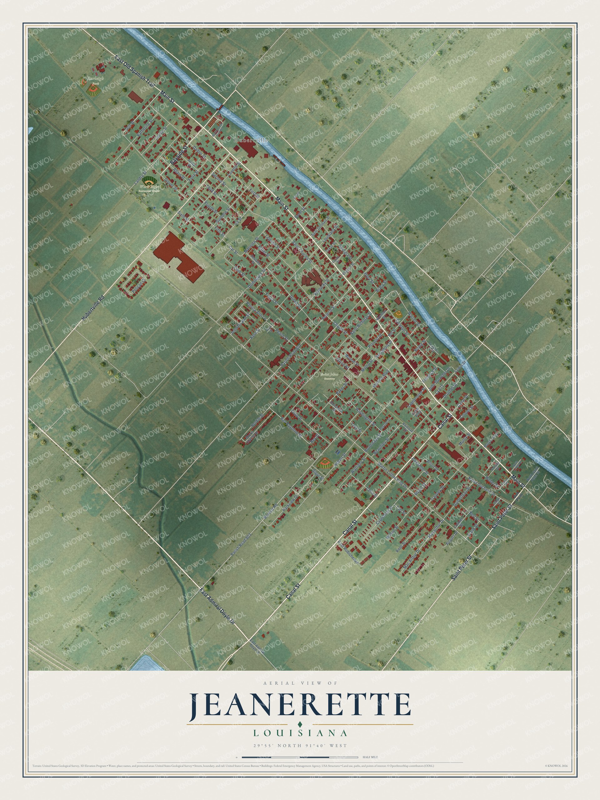 Full map of Jeanerette, Louisiana, with red buildings, printed street names and the land around them