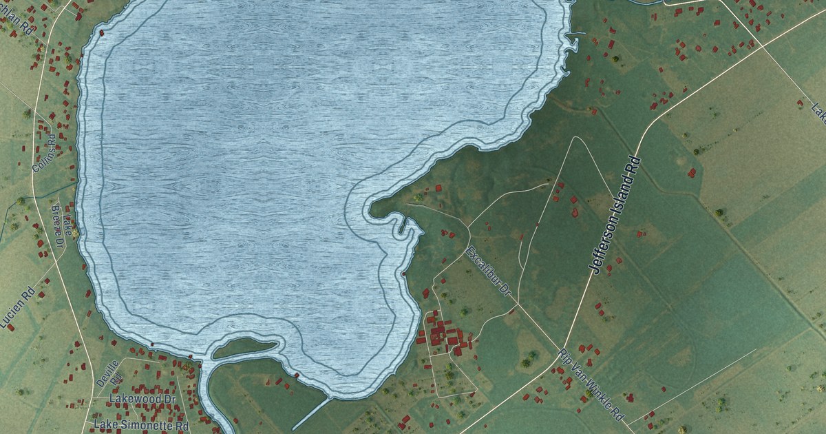 Close-up of streets and buildings in Jefferson Island, Louisiana