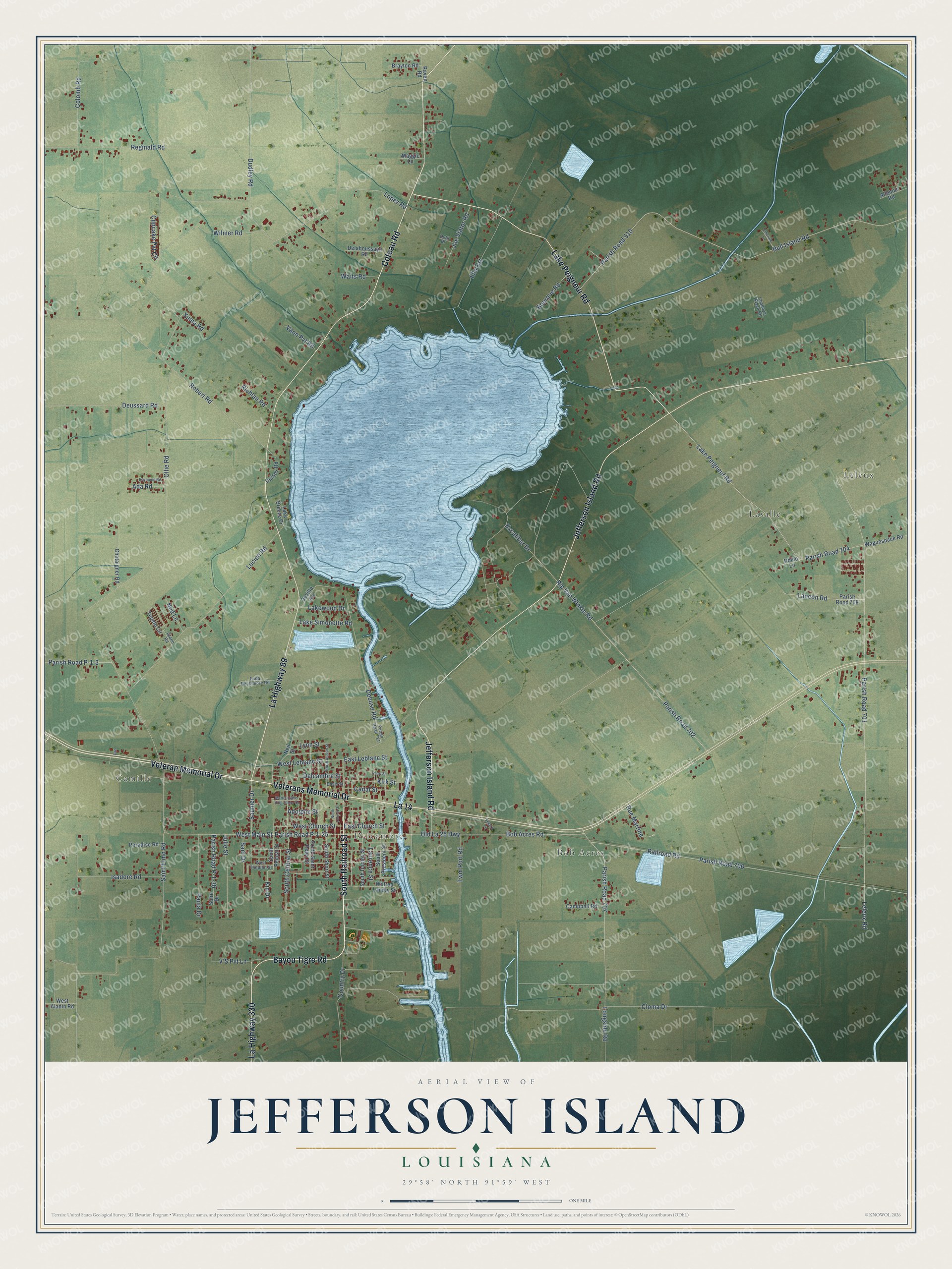 Full map of Jefferson Island, Louisiana, with red buildings, printed street names and the land around them