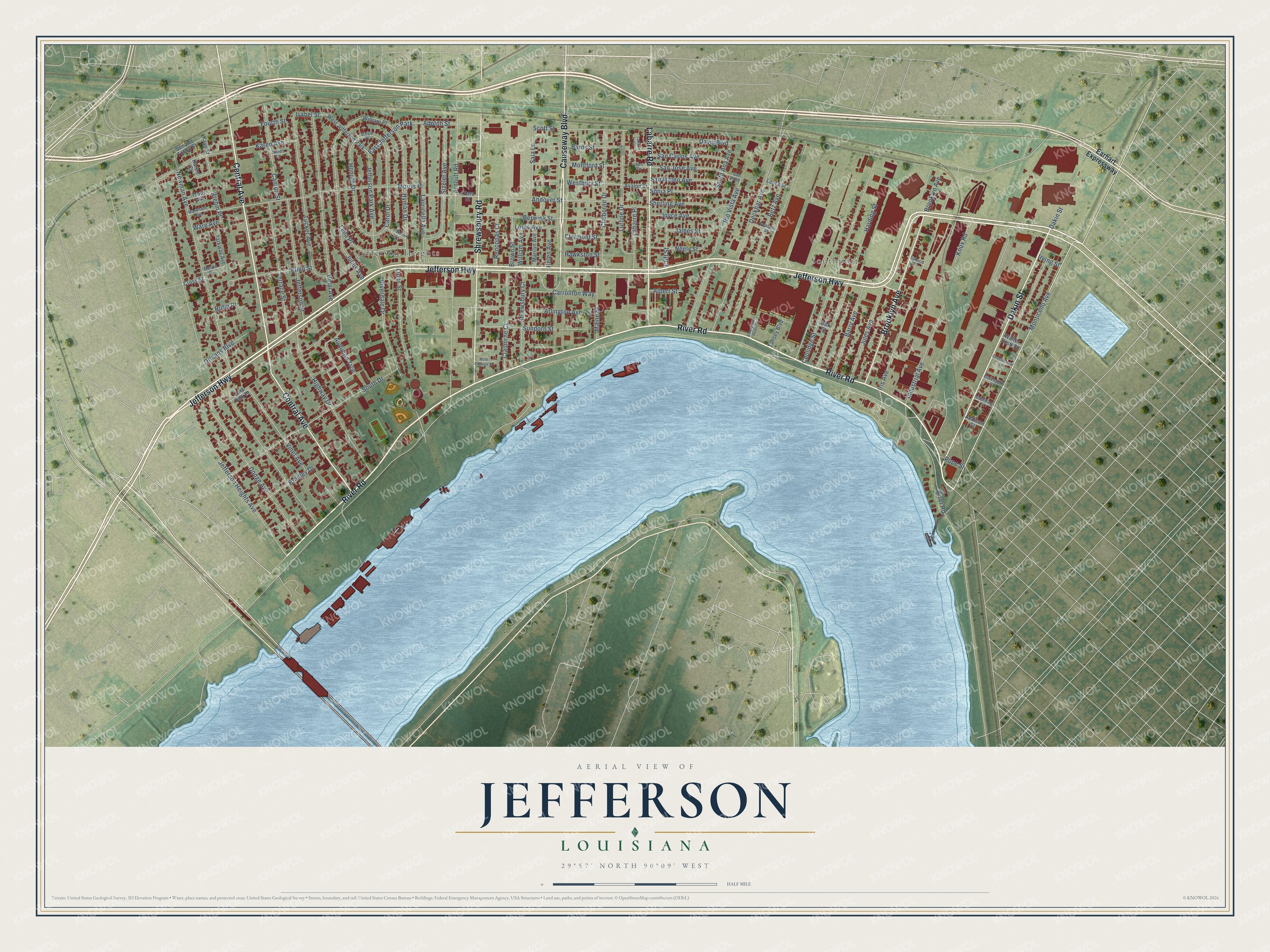 Full map of Jefferson, Louisiana, with red buildings, printed street names and the land around them