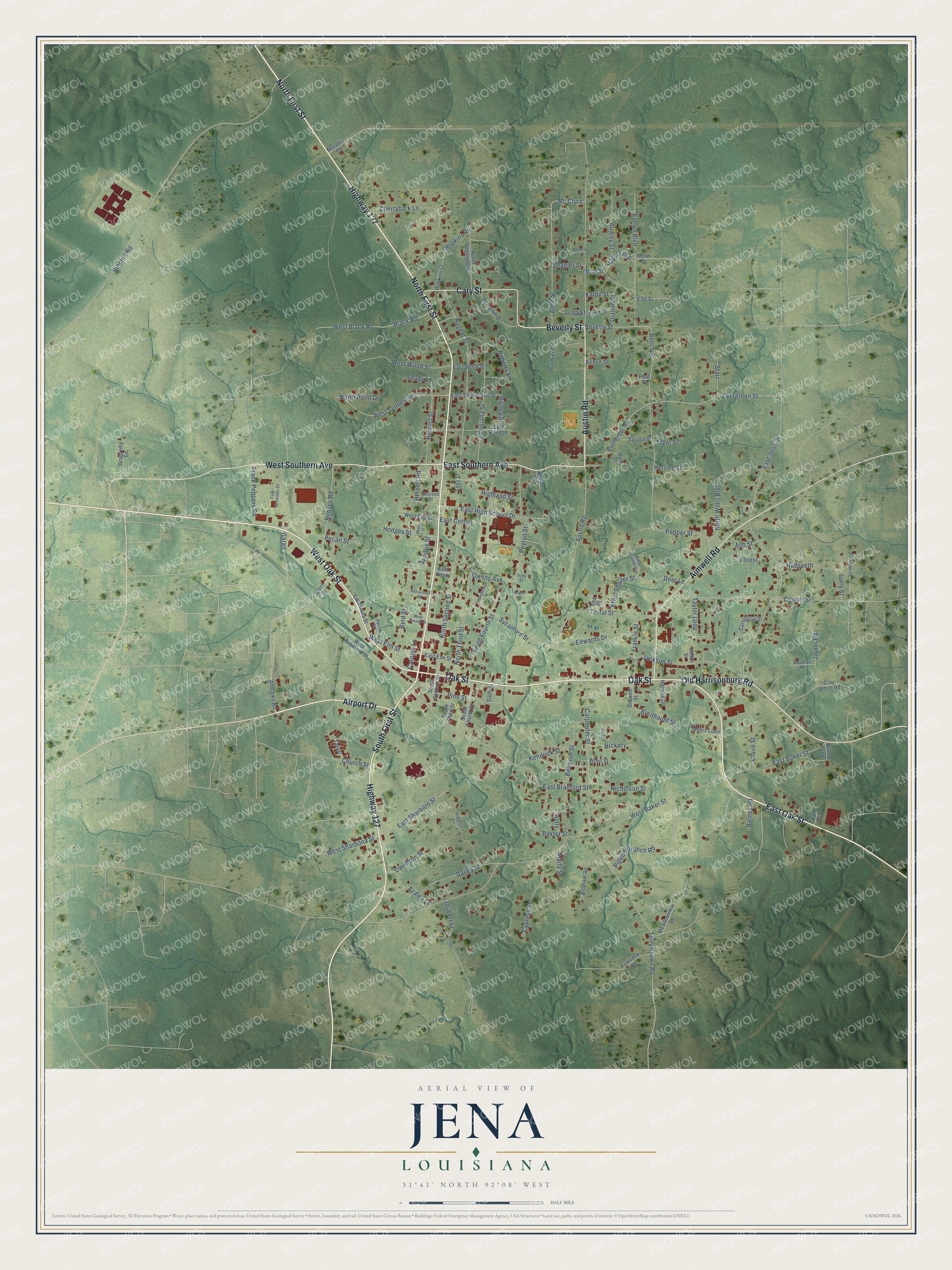 Full map of Jena, Louisiana, with red buildings, printed street names and the land around them