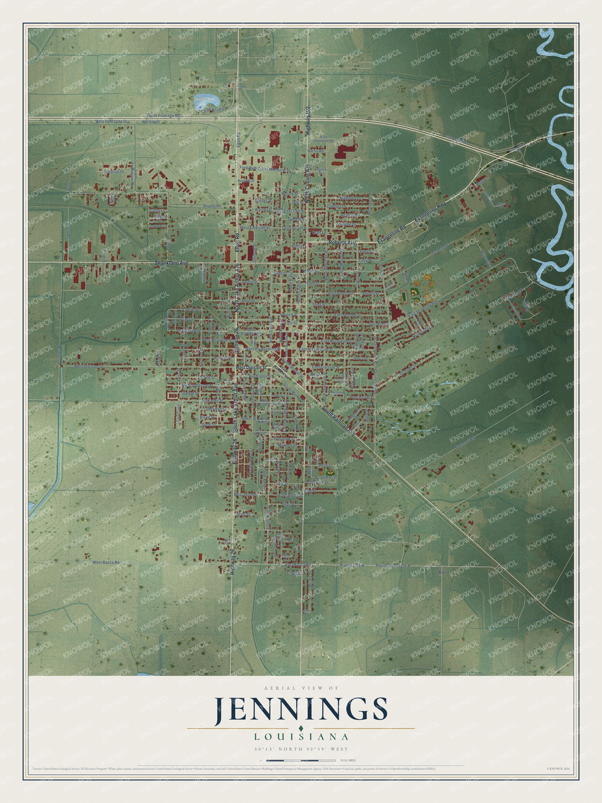 Watermarked full-map preview of Jennings, Louisiana