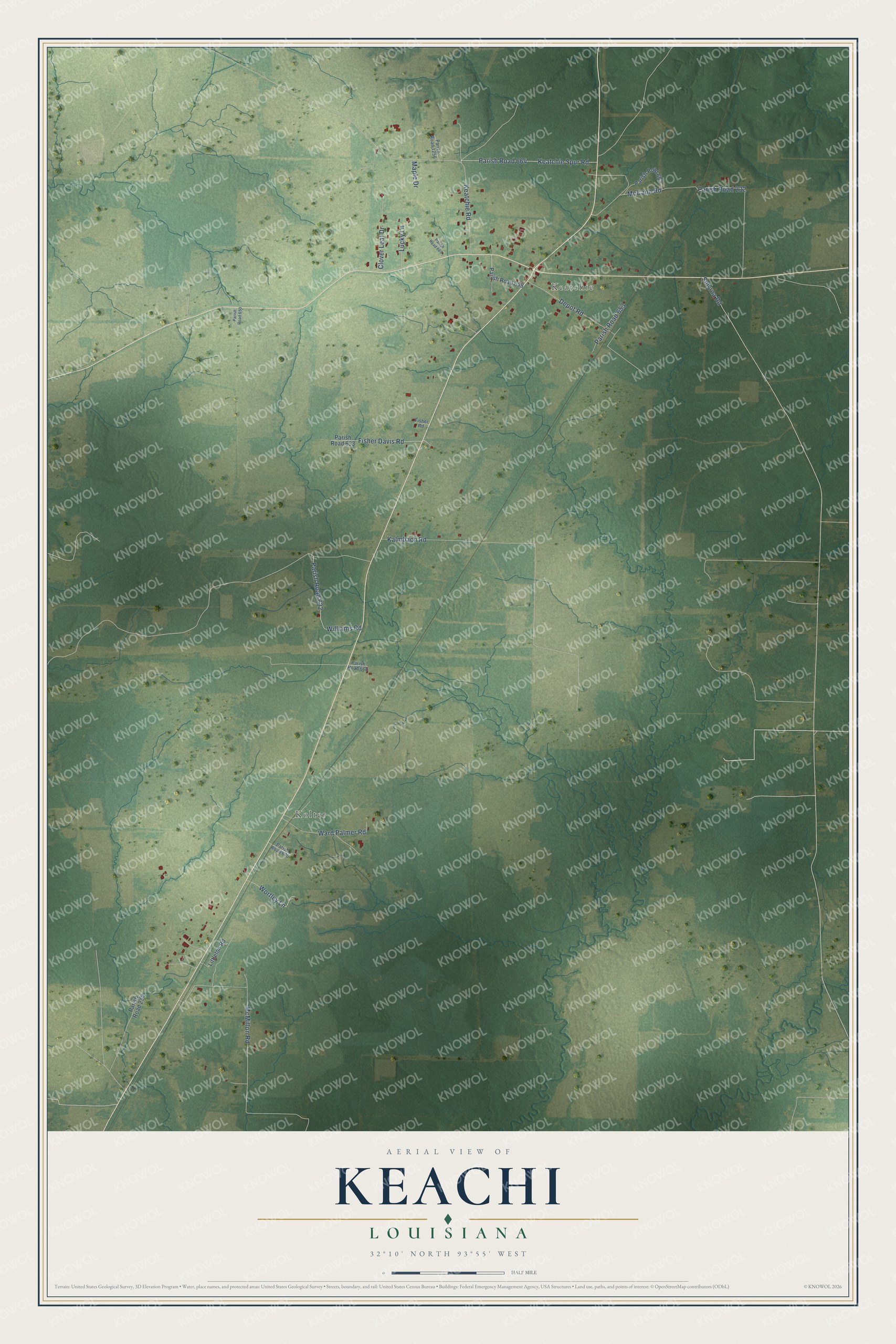 Full map of Keachi, Louisiana, with red buildings, printed street names and the land around them