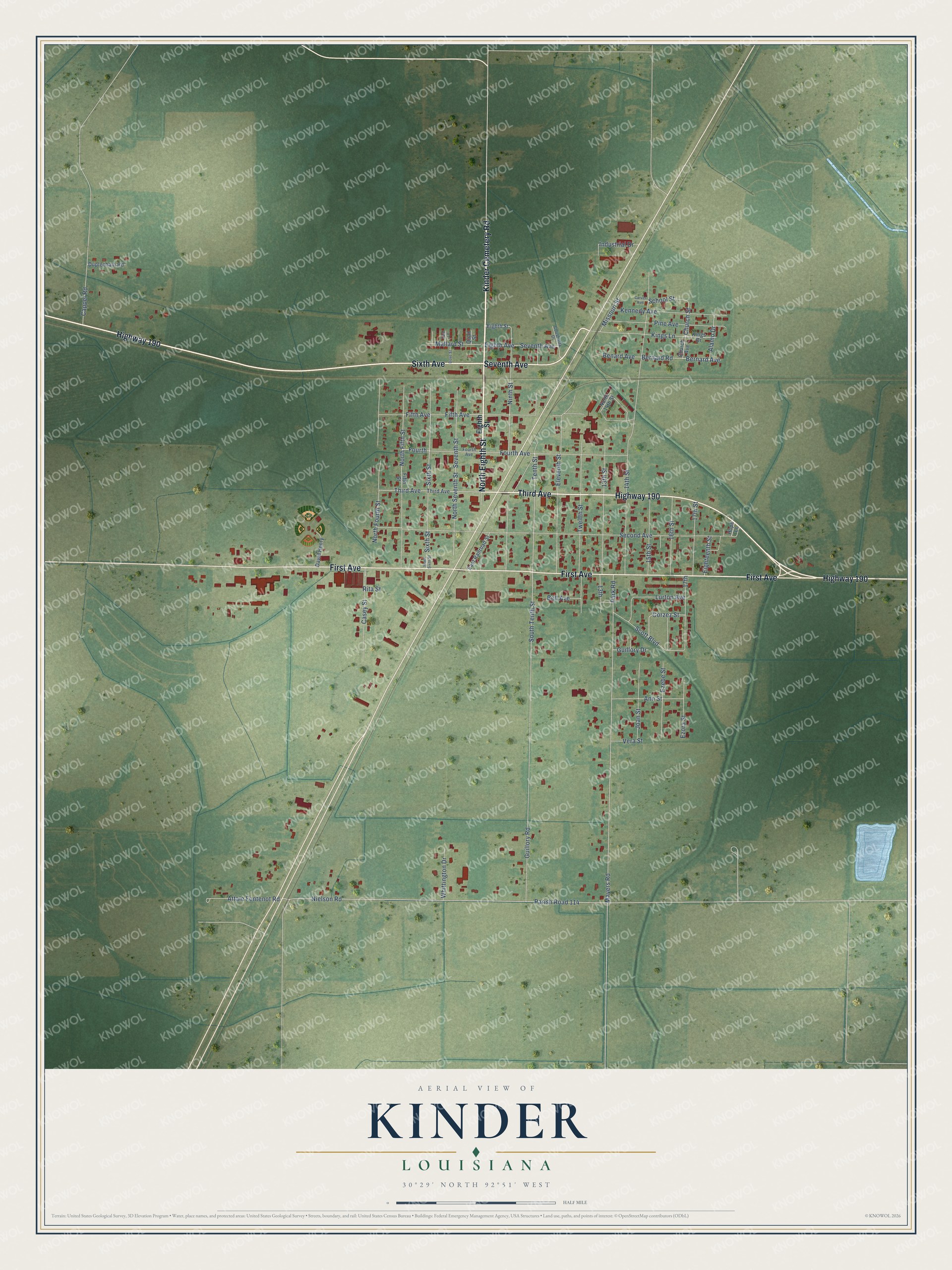 Full map of Kinder, Louisiana, with red buildings, printed street names and the land around them