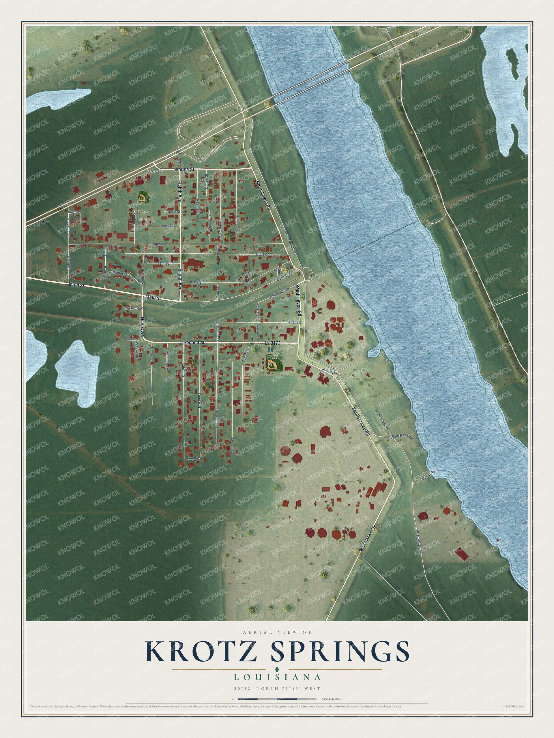 Full map of Krotz Springs, Louisiana, with red buildings, printed street names and the land around them