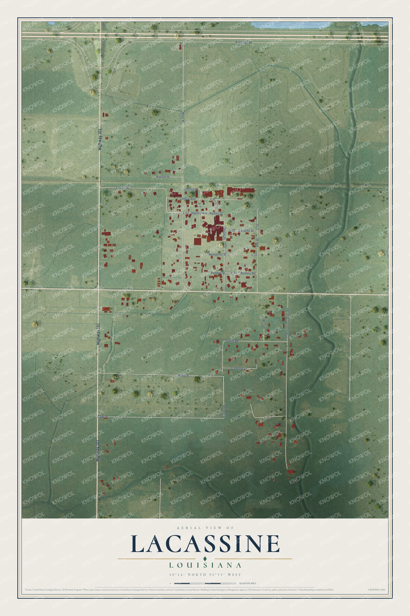 Full map of Lacassine, Louisiana, with red buildings, printed street names and the land around them