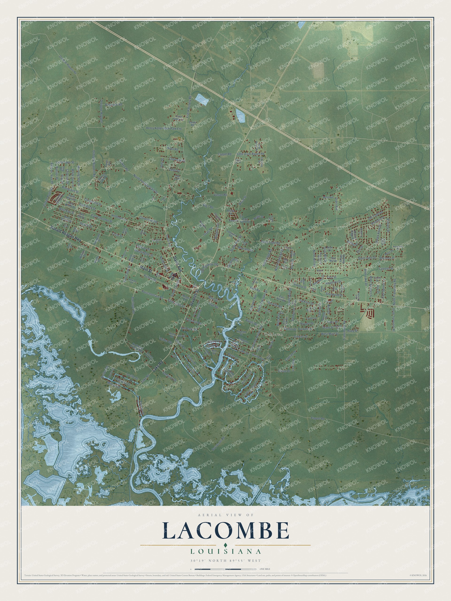 Full map of Lacombe, Louisiana, with red buildings, printed street names and the land around them