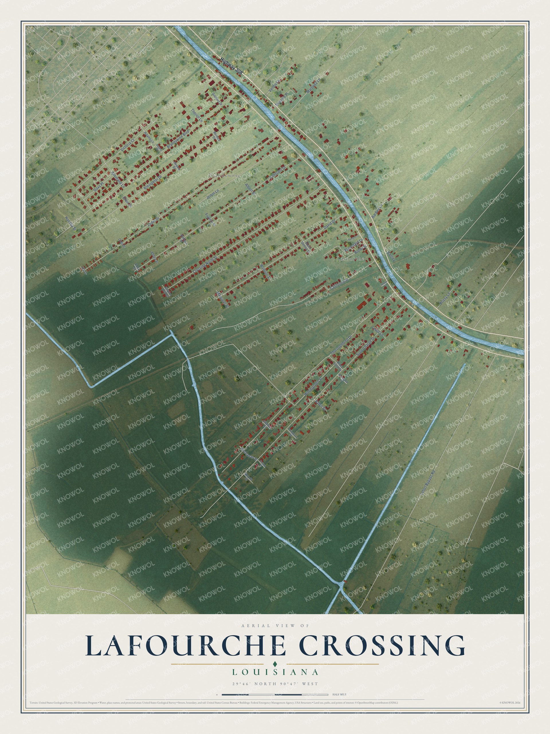 Full map of Lafourche Crossing, Louisiana, with red buildings, printed street names and the land around them