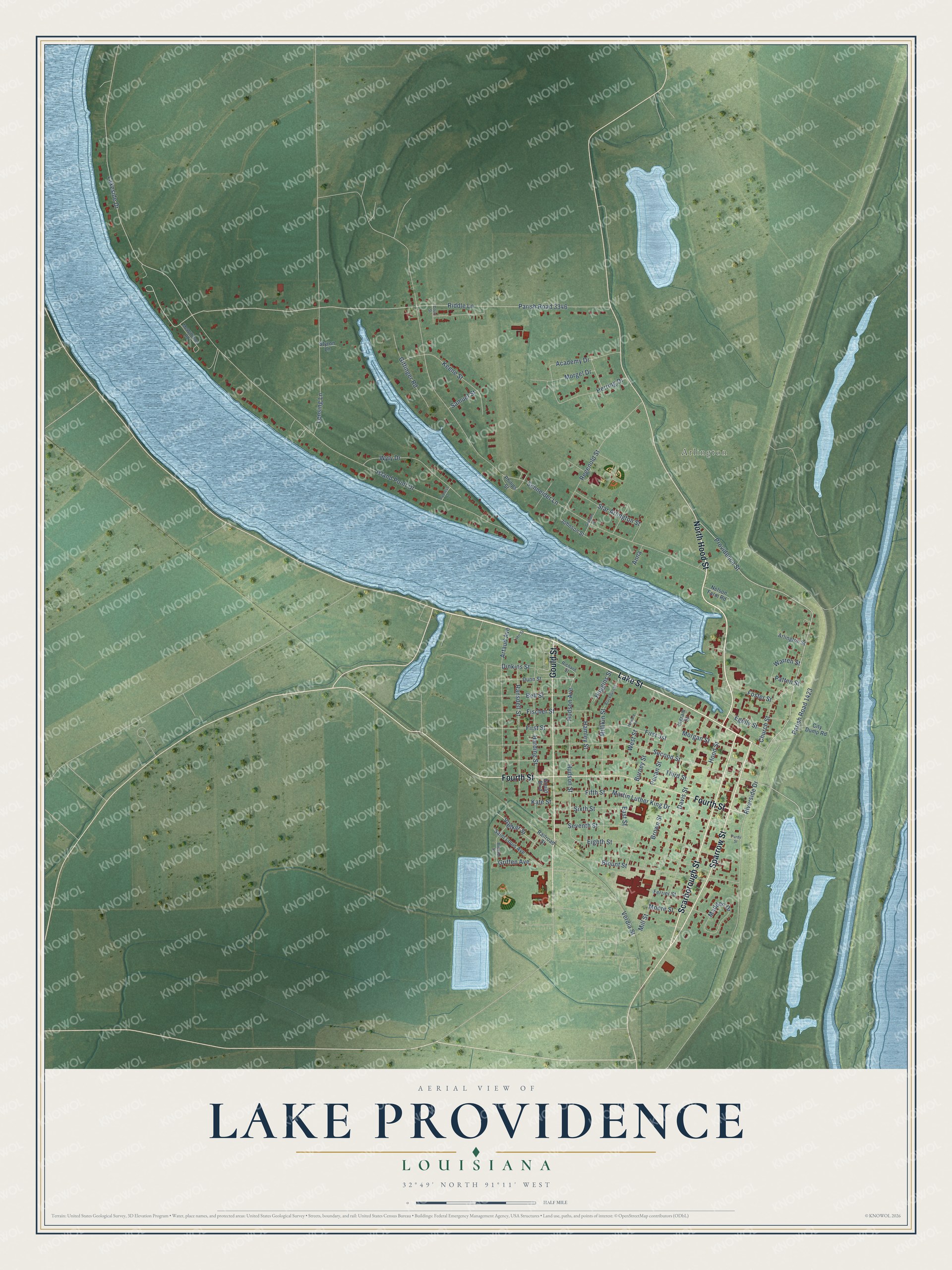 Full map of Lake Providence, Louisiana, with red buildings, printed street names and the land around them