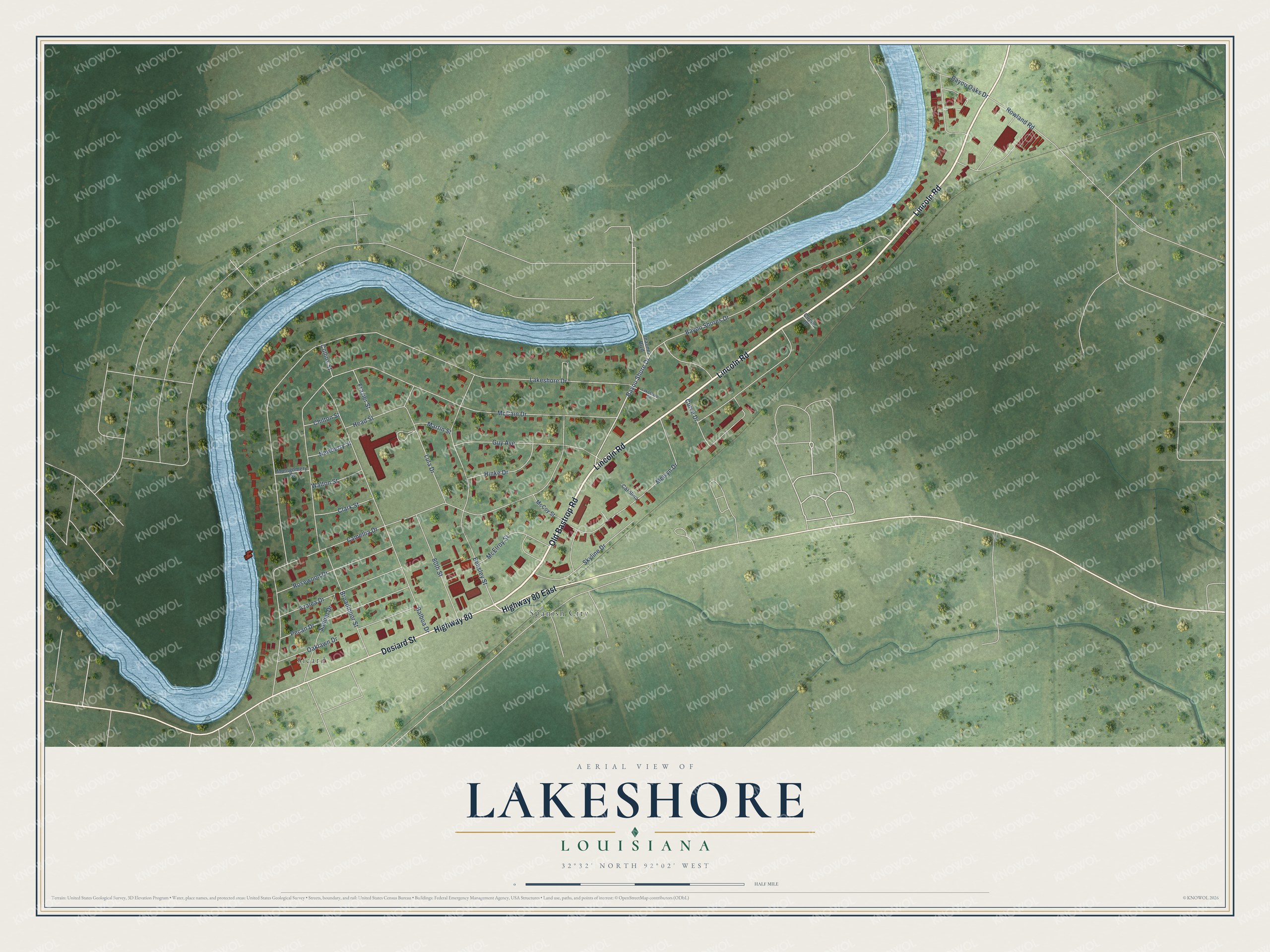 Full map of Lakeshore, Louisiana, with red buildings, printed street names and the land around them