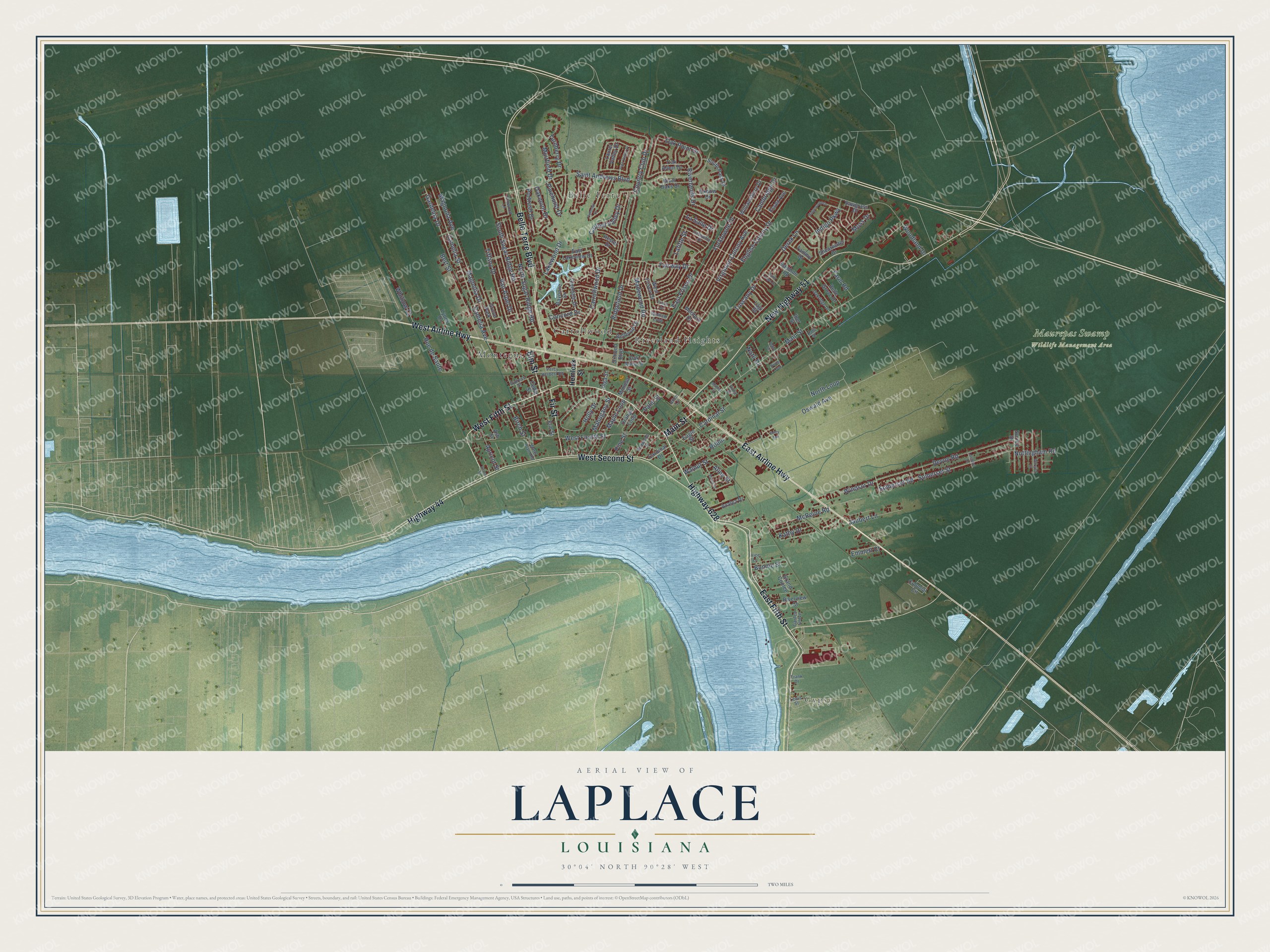 Full map of Laplace, Louisiana, with red buildings, printed street names and the land around them