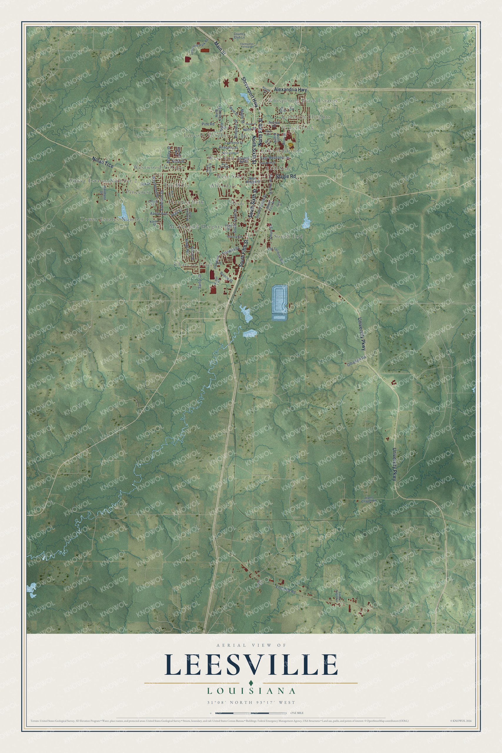 Full map of Leesville, Louisiana, with red buildings, printed street names and the land around them