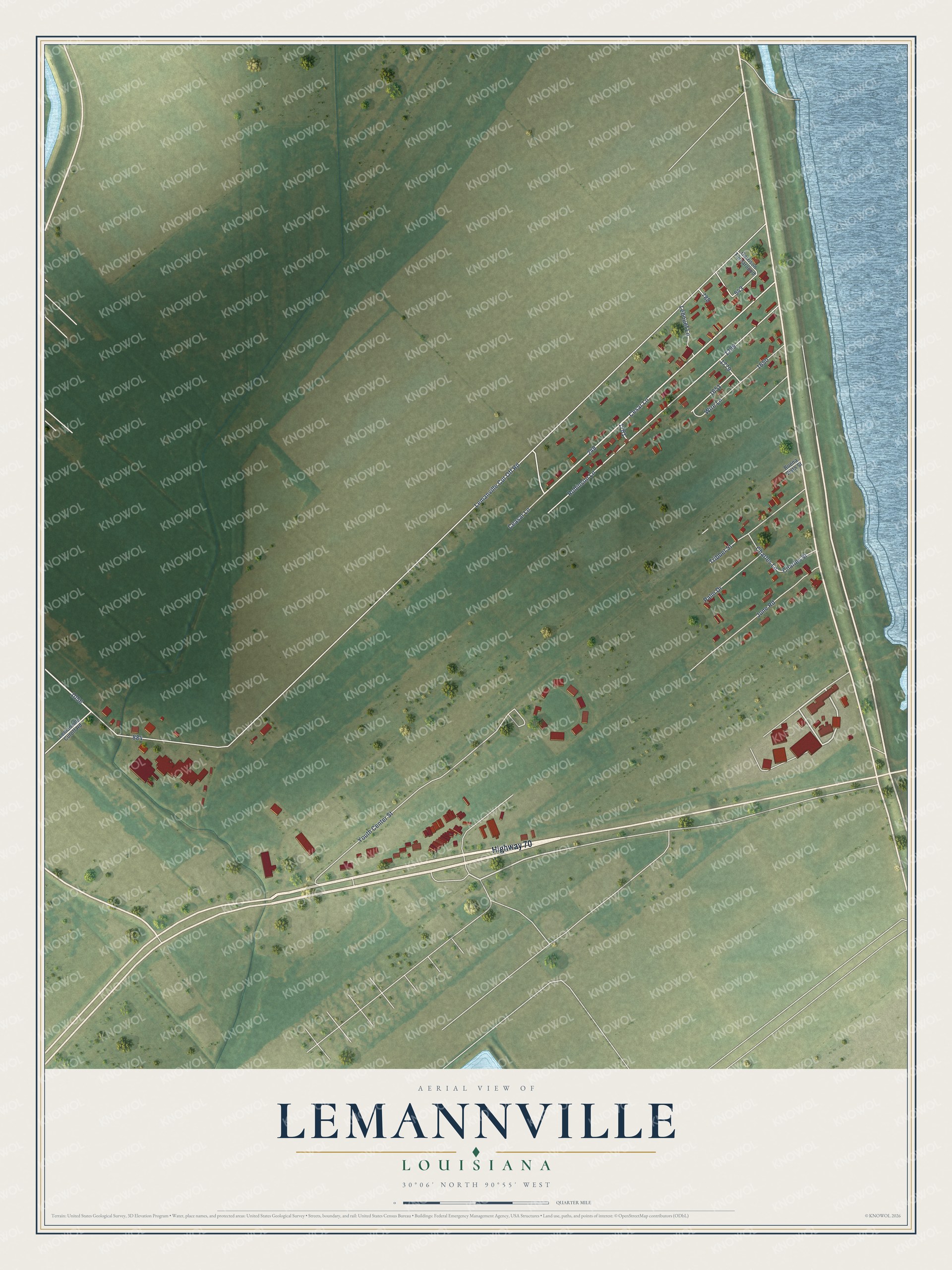 Full map of Lemannville, Louisiana, with red buildings, printed street names and the land around them