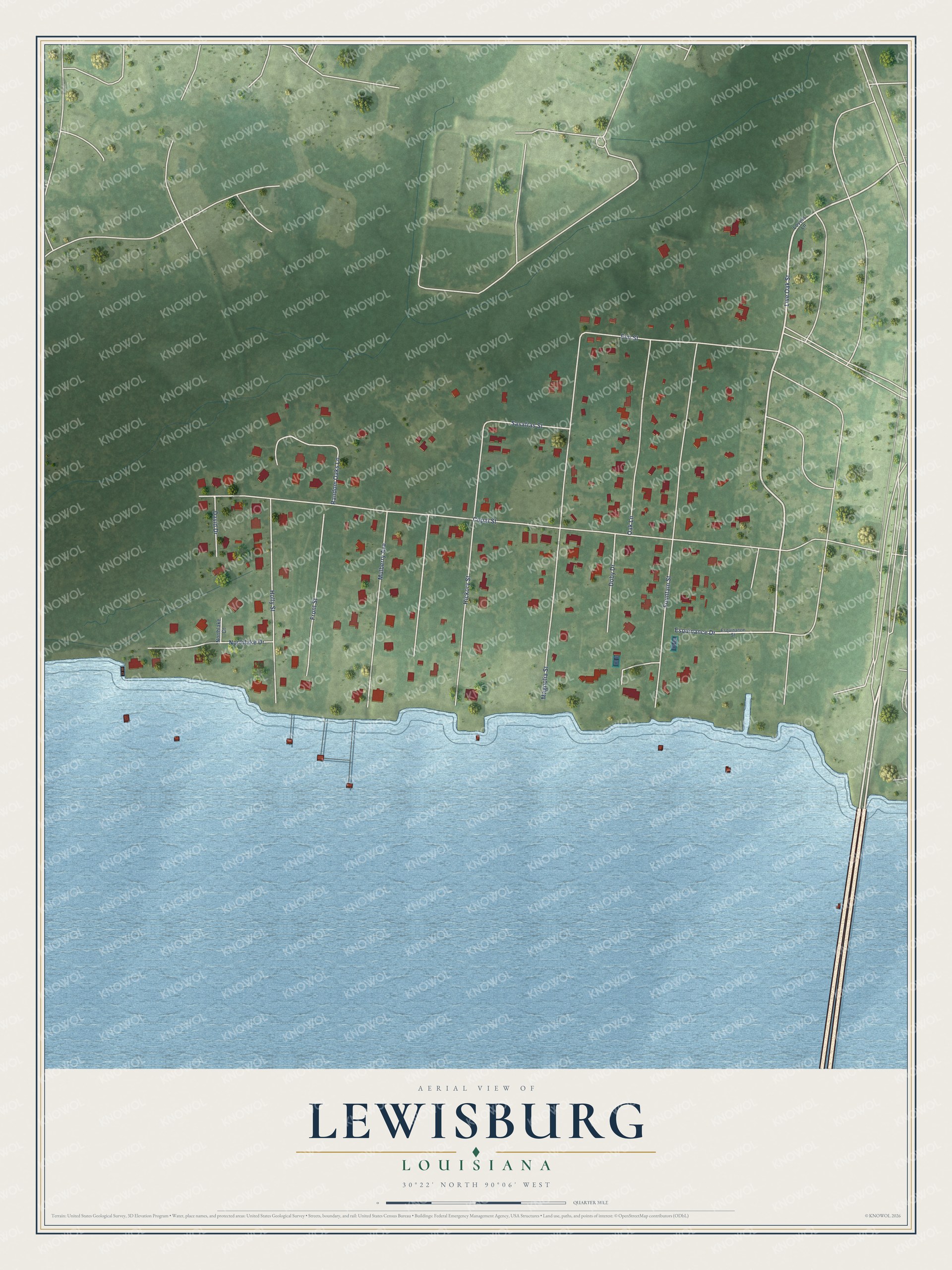 Full map of Lewisburg, Louisiana, with red buildings, printed street names and the land around them