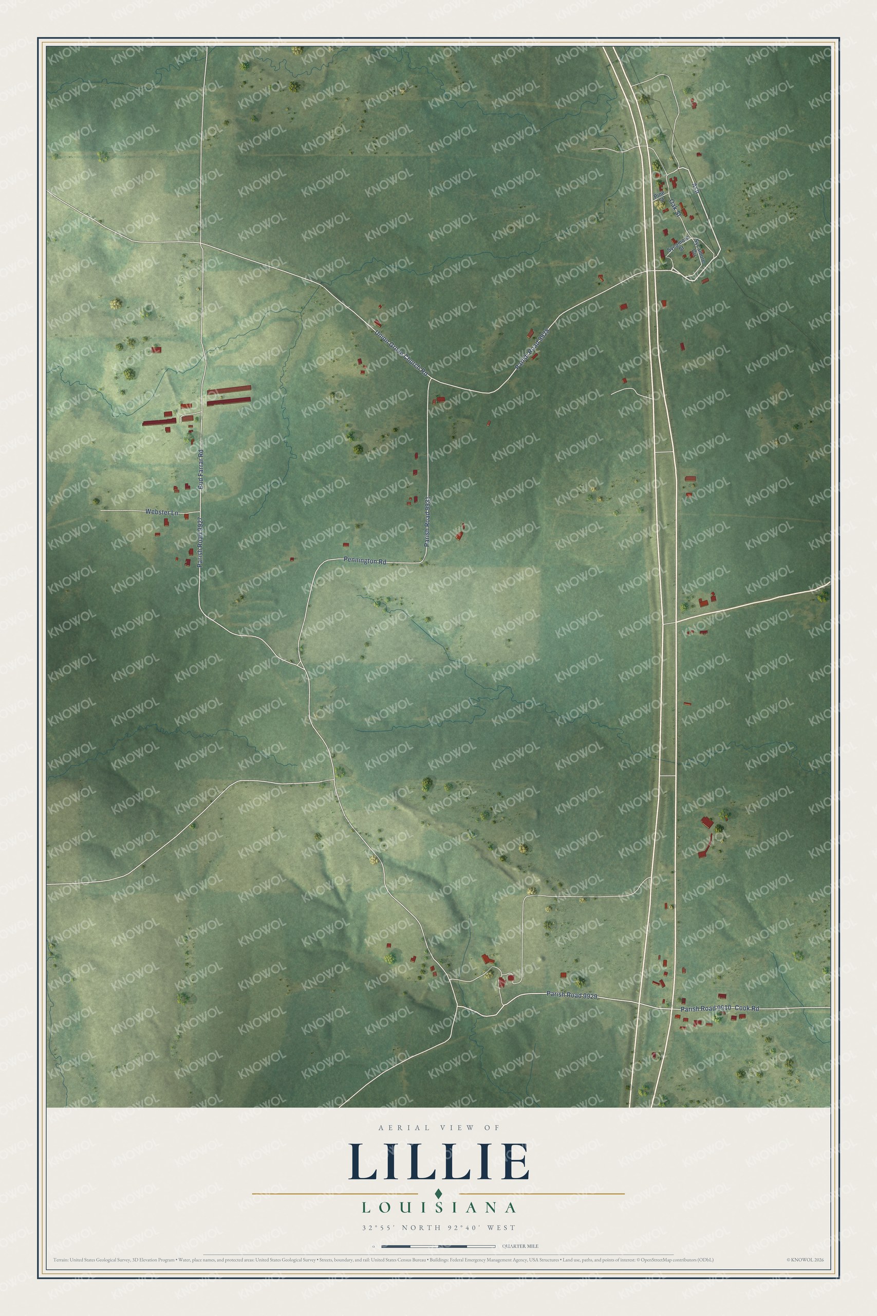 Full map of Lillie, Louisiana, with red buildings, printed street names and the land around them