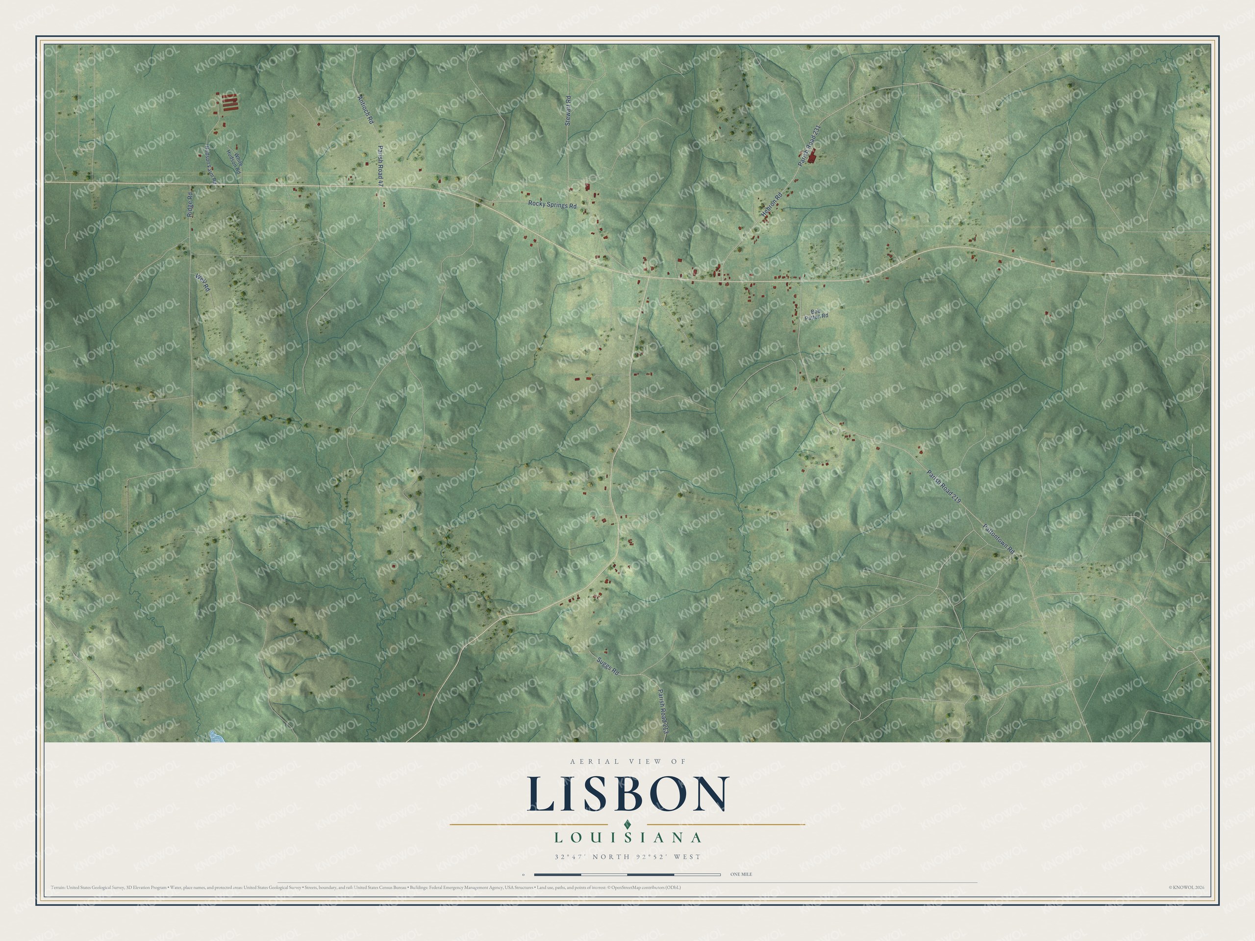 Full map of Lisbon, Louisiana, with red buildings, printed street names and the land around them