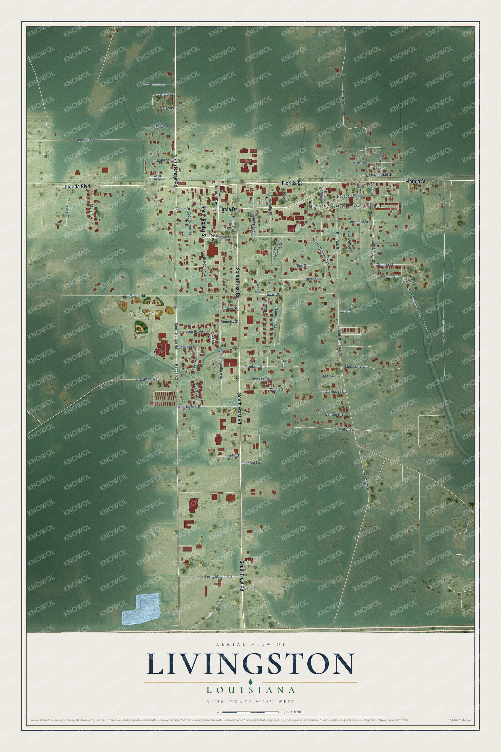 Full map of Livingston, Louisiana, with red buildings, printed street names and the land around them