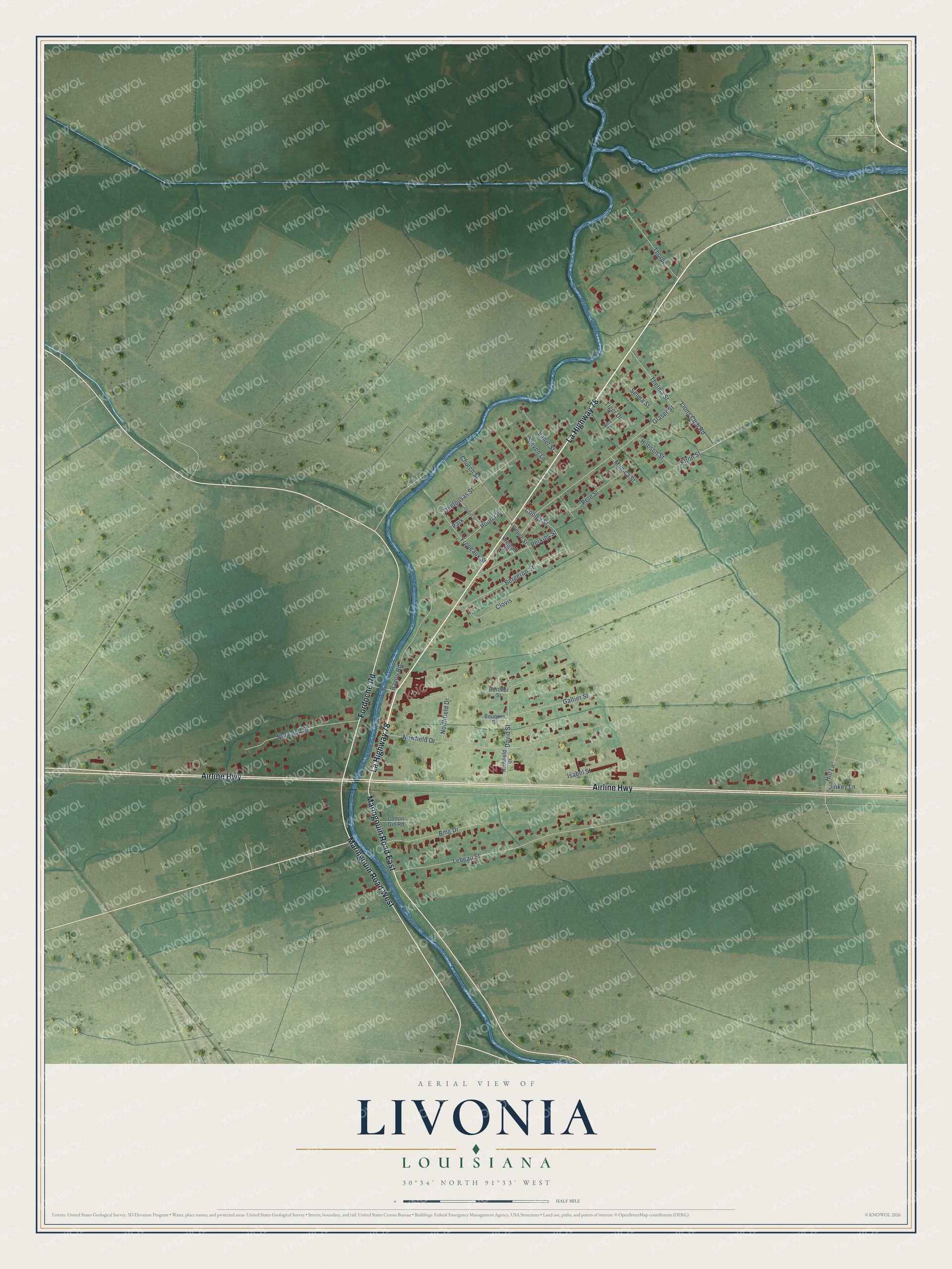 Full map of Livonia, Louisiana, with red buildings, printed street names and the land around them