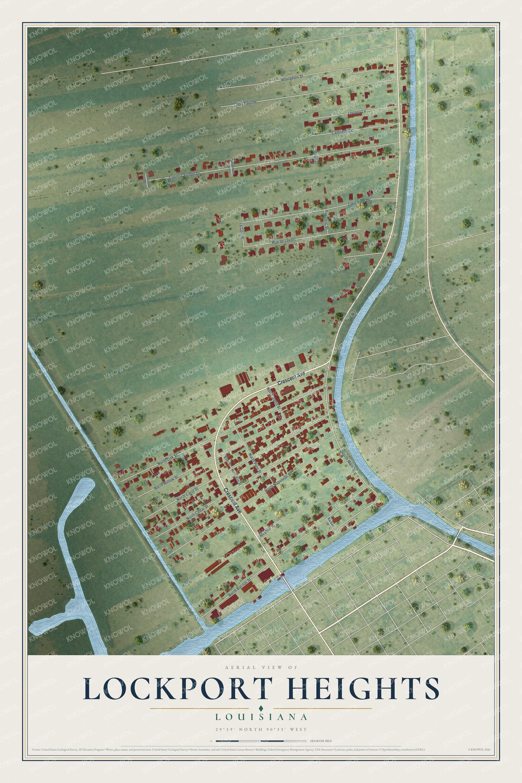 Full map of Lockport Heights, Louisiana, with red buildings, printed street names and the land around them